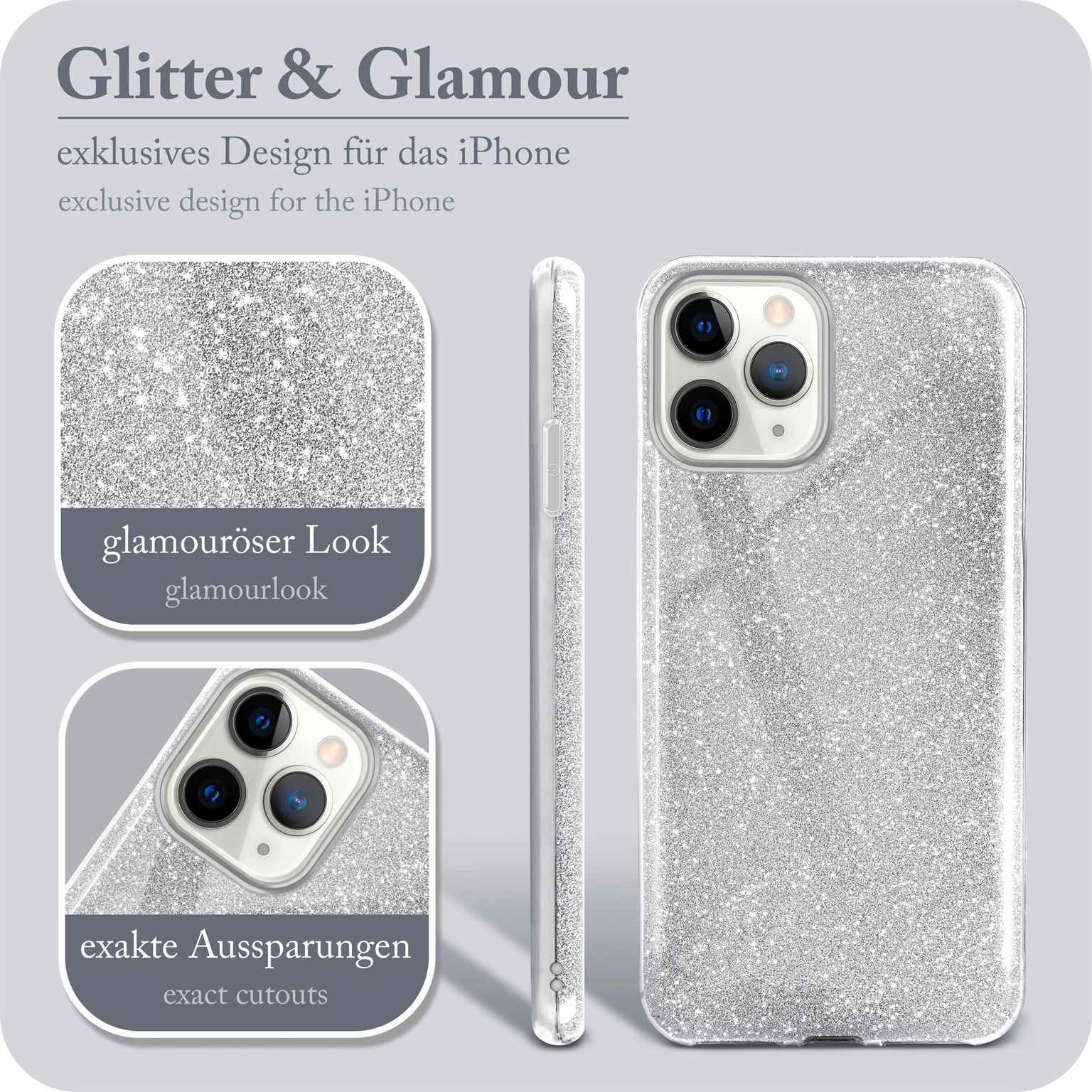 Silbernes Glitzer-Handycase mit Nahaufnahmen des Handycase-Designs und der Funktionen.