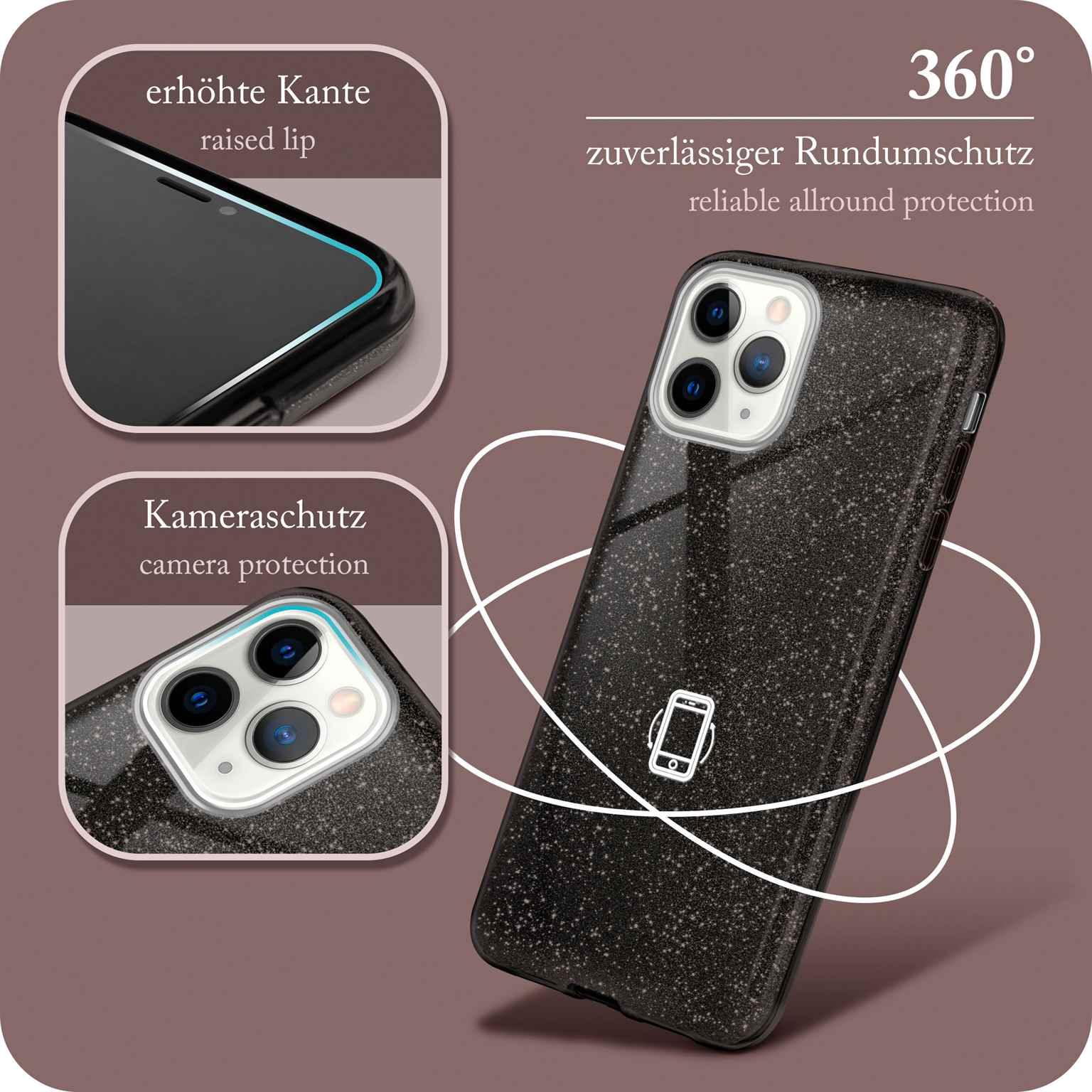 Handyhülle mit erhöhtem Rand und Kameraschutz. Text: zuverlässiger Rundumschutz. 360 Grad.