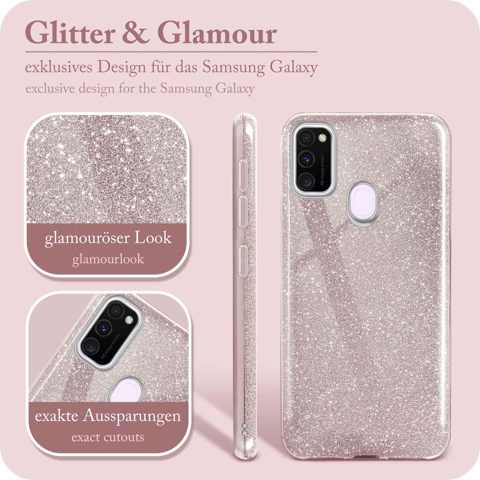 Eine glitzernde Handyhülle mit rosa Farbton. Text: 'Glitter & Glamour'. Nahaufnahmen zeigen Ausschnitte und die Kameralinse.