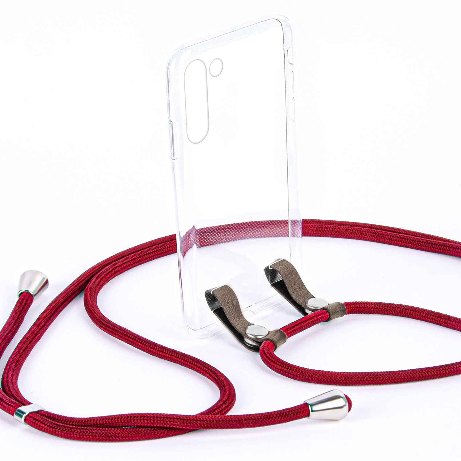 Rotes Telefonkabel mit klarer Handyhülle. Silberne Spitzen und Aufsätze.