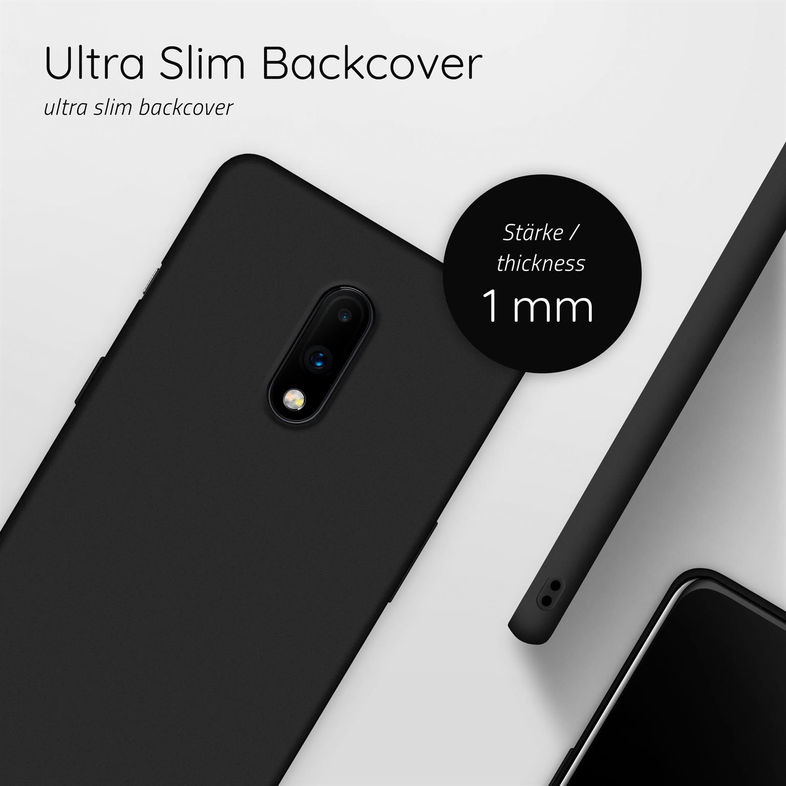 Schwarze Handyhülle mit dem Text 'Ultra Slim Backcover' und '1 mm Dicke'.