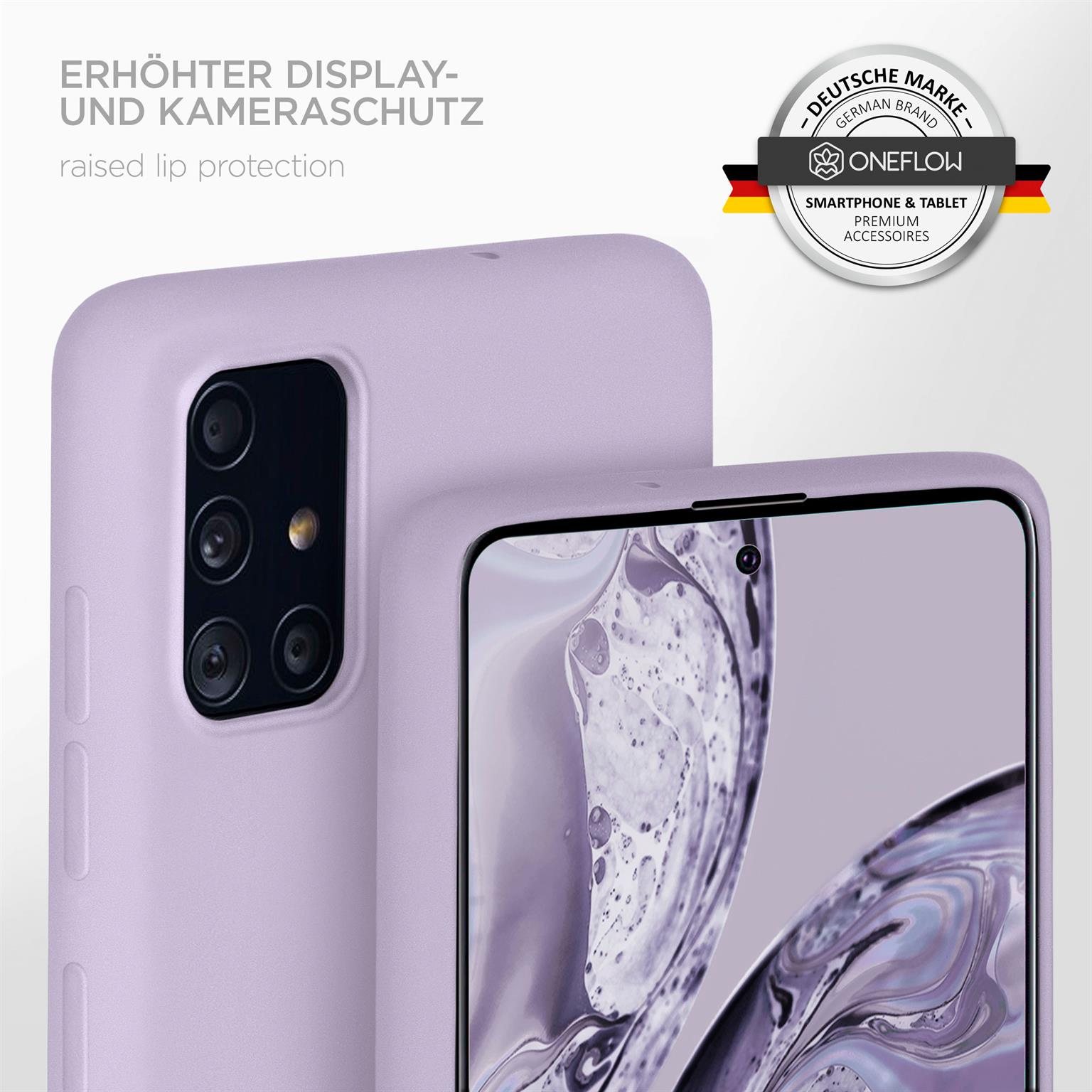 Telefon in einer lila Hülle. Nahaufnahme der Rückseite mit Kameralinsen. Text: erhöhter Displayschutz.