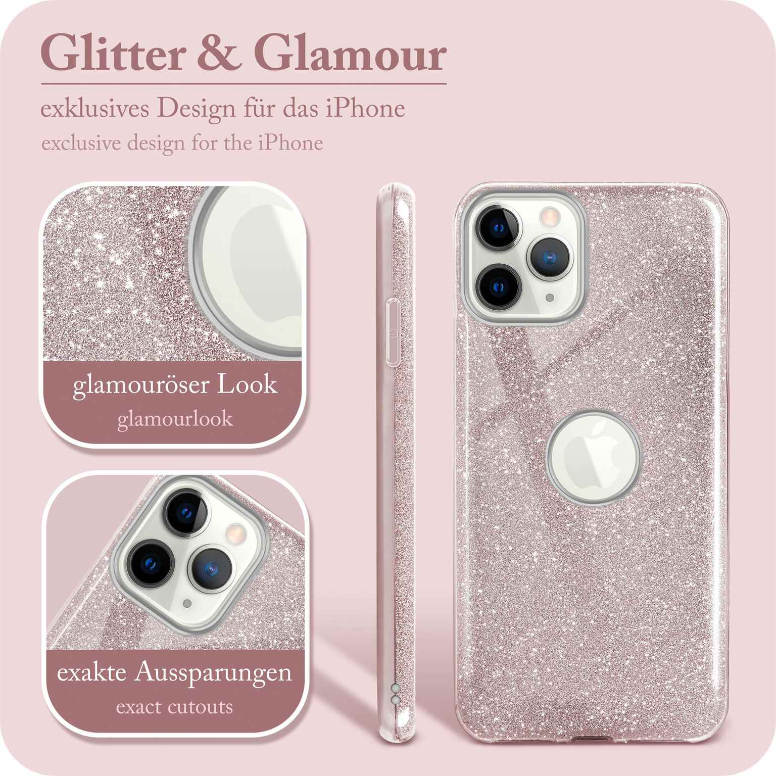 Glitzernde Handyhülle mit rosa Glitzereffekt und Aussparungen für Kamera und Tasten.
