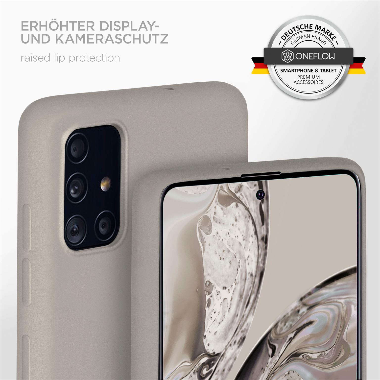 Handyhülle und Telefon. Text: erhöhter Display- und Kameraschutz. Logo.