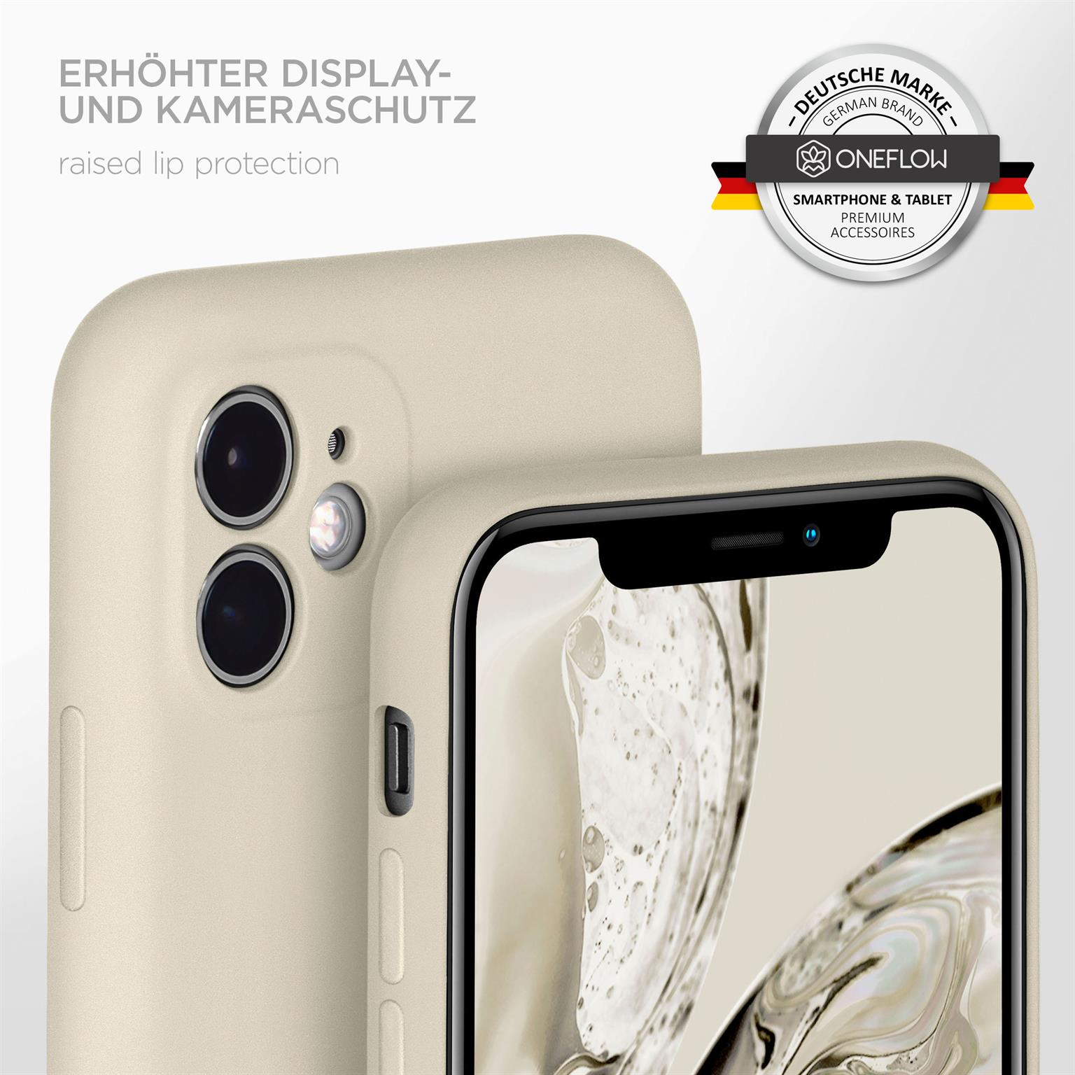 Nahaufnahme eines Telefons mit beigefarbener Hülle und Text "erhöhter Display- und Kameraschutz".