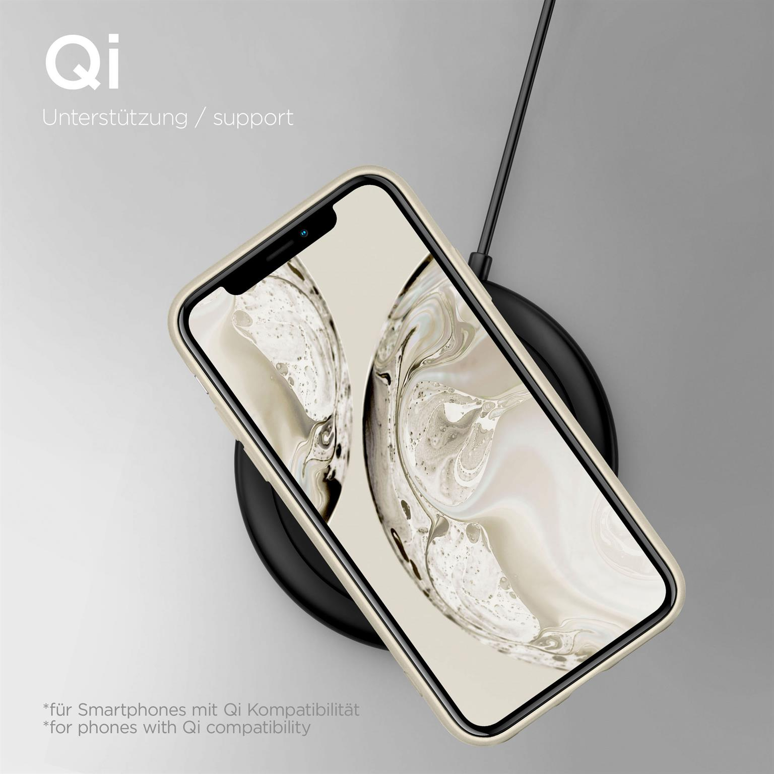 Ein Telefon in einer beigen Hülle auf einem schwarzen kabellosen Ladegerät. Der Text oben lautet Qi-Unterstützung.