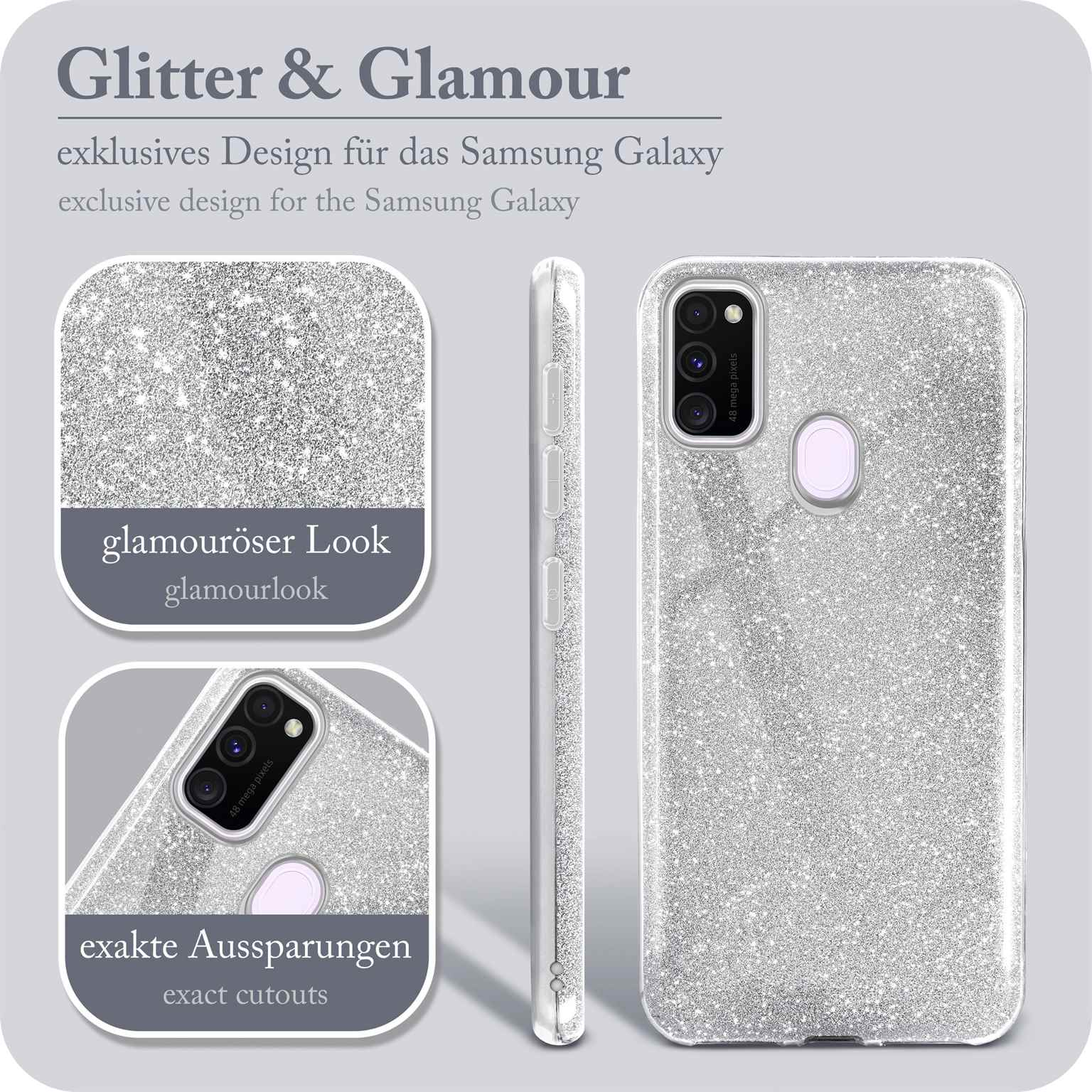 Silberne Glitzer-Handyhülle mit Text: Glanz und Glamour, Glamour-Look, exakte Aussparungen.