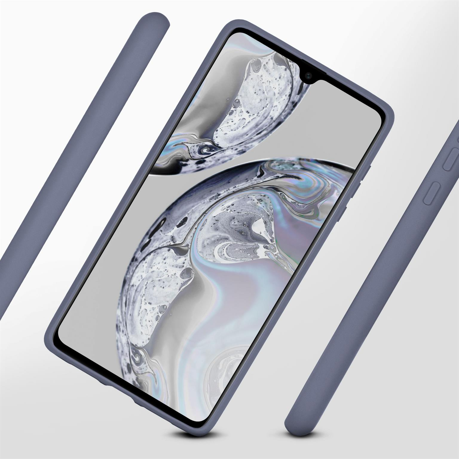 Telefon in einem blauen Gehäuse, mit Balken an der Seite. Andere Elemente sind blau. Der Telefonbildschirm ist sichtbar.