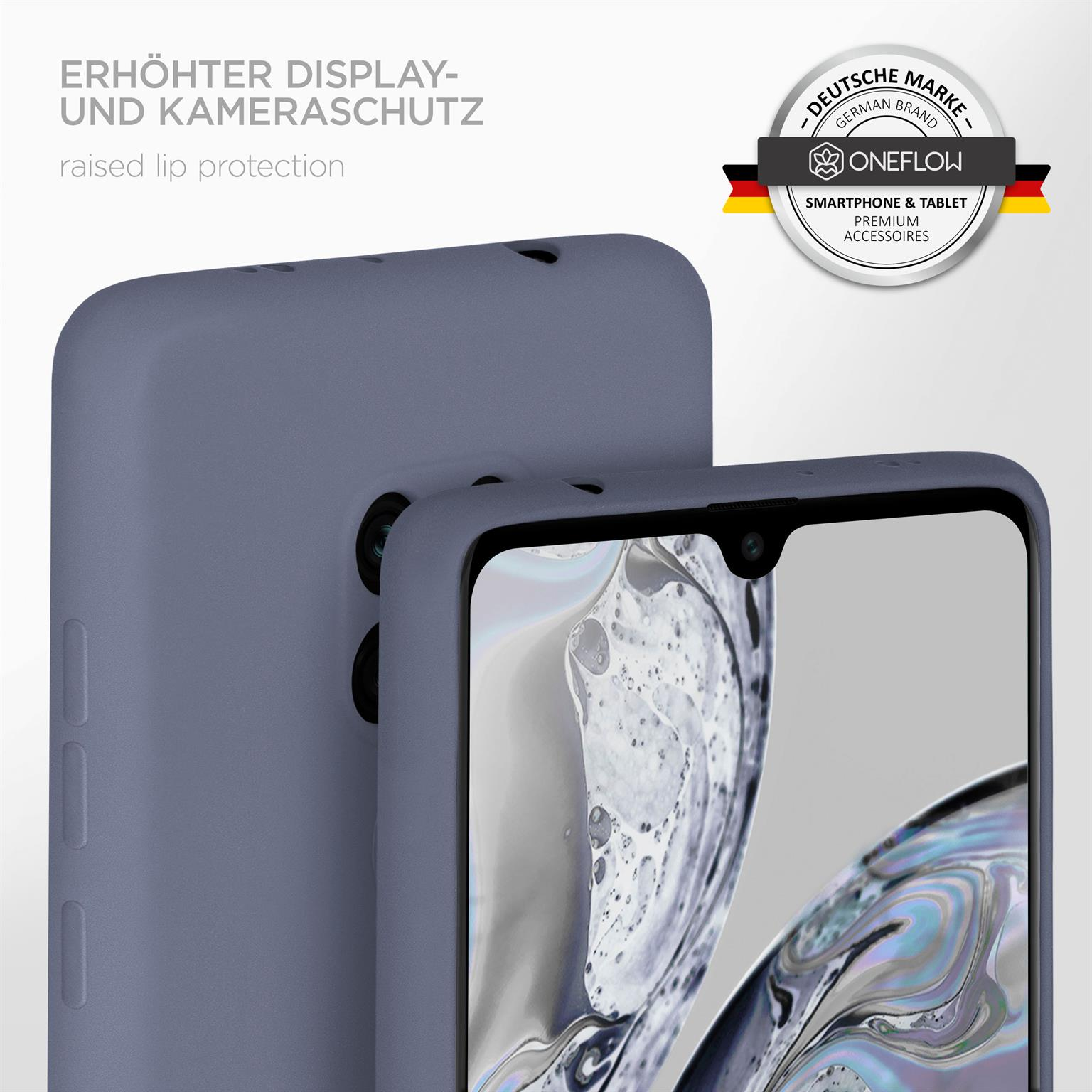 Zwei lila Handyhüllen, eine bedeckt ein Telefon. Text: erhöhter Displayschutz, Deutsche Marke Logo.