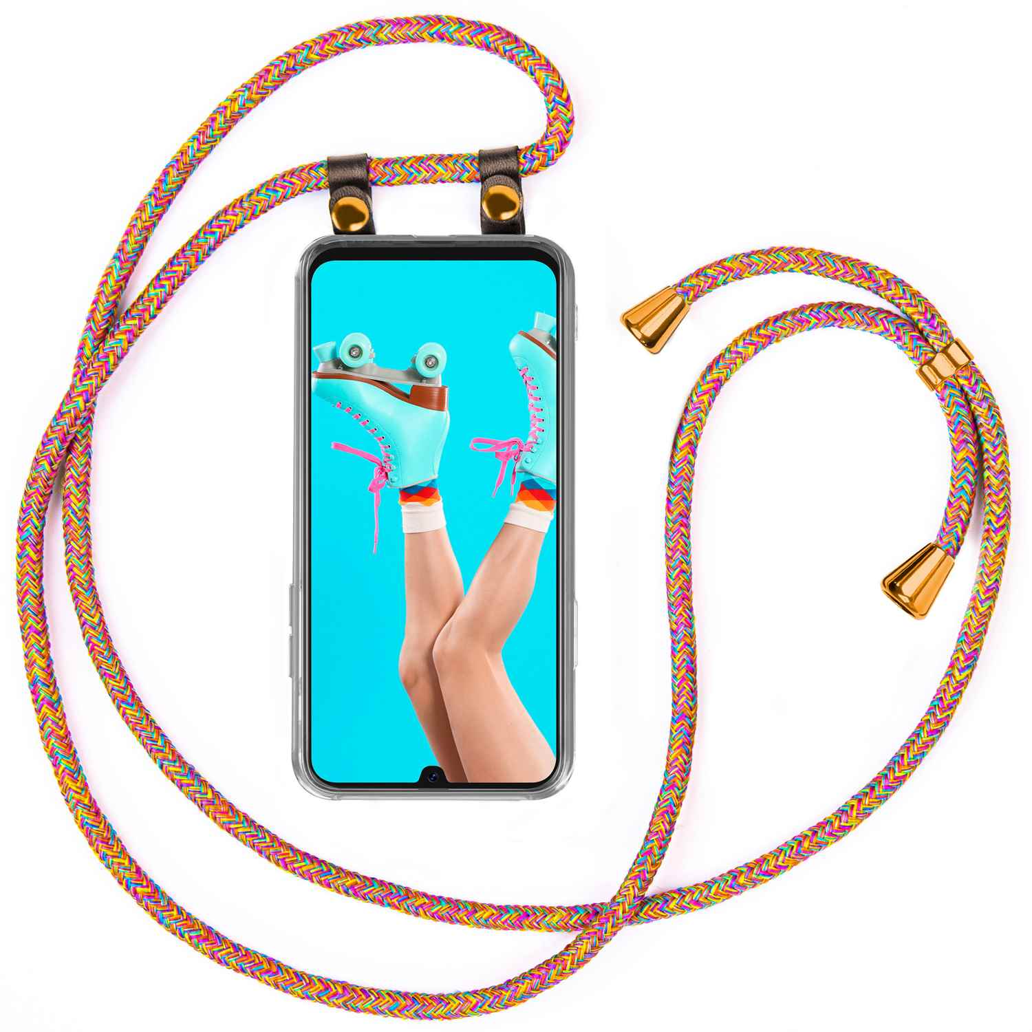 Telefon mit bunter Schnur. Telefon zeigt Rollschuhe. Schnur ist um das Telefon.