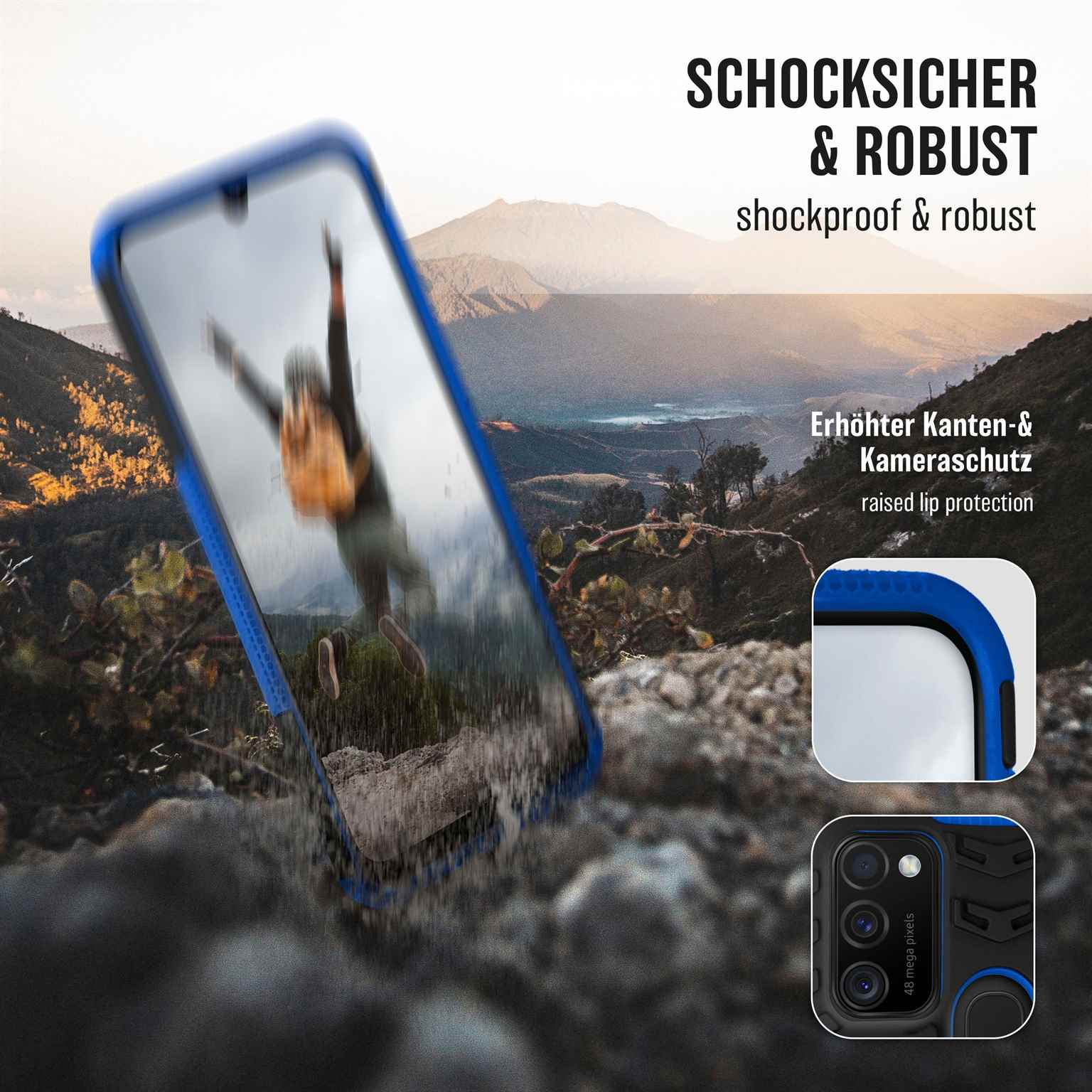 Blaue Handyhülle mit Landschaft. Text: Stoßfest & Robust. Erhöhter Lippenschutz.