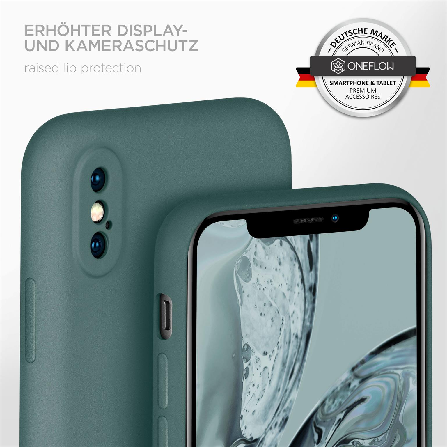 Nahaufnahme eines Telefons mit grüner Hülle, mit dem Text "erhöhter Display- und Kameraschutz".