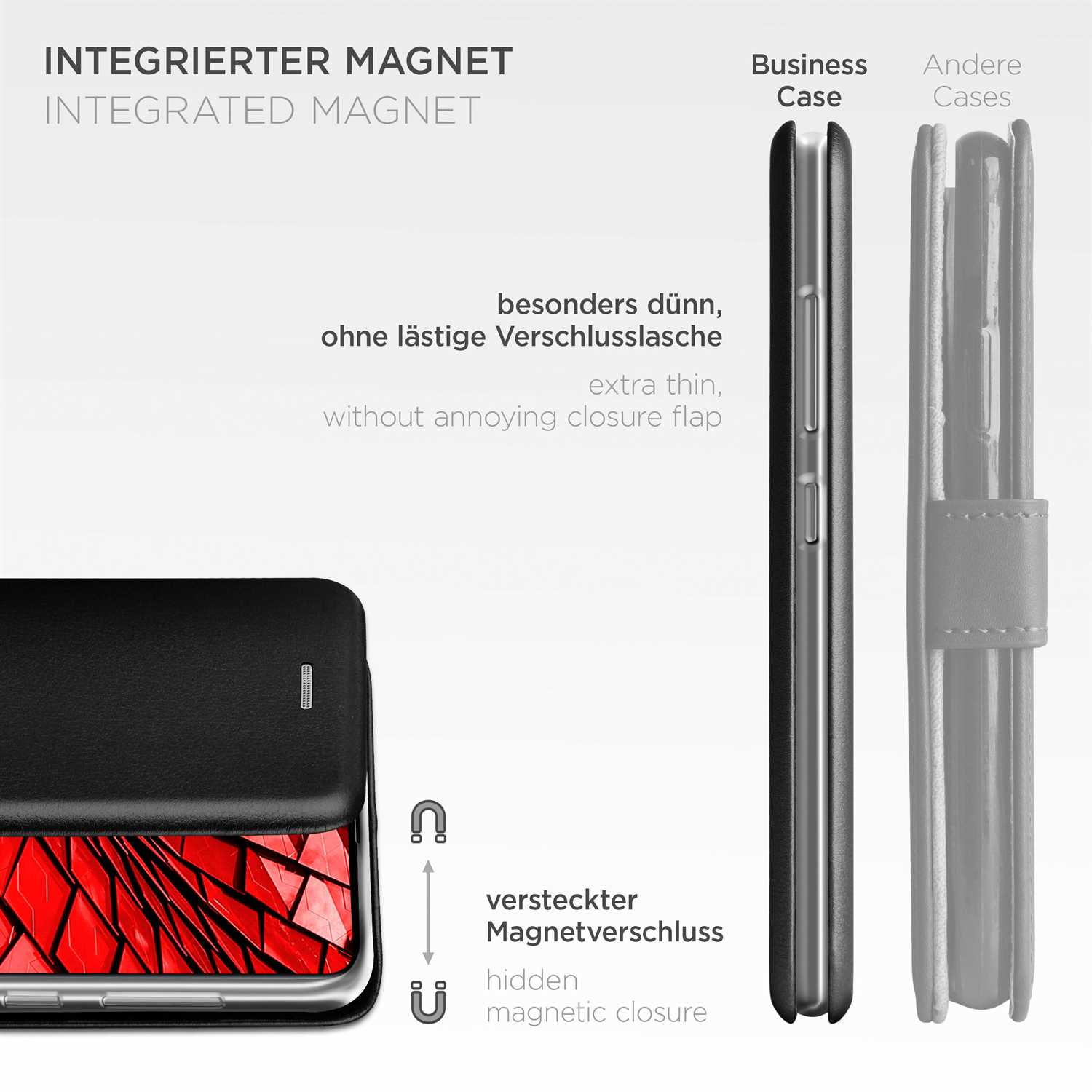 Schwarze Handyhülle mit integriertem Magneten und extra dünnem Design. Seitenansicht verschiedener Hüllen.