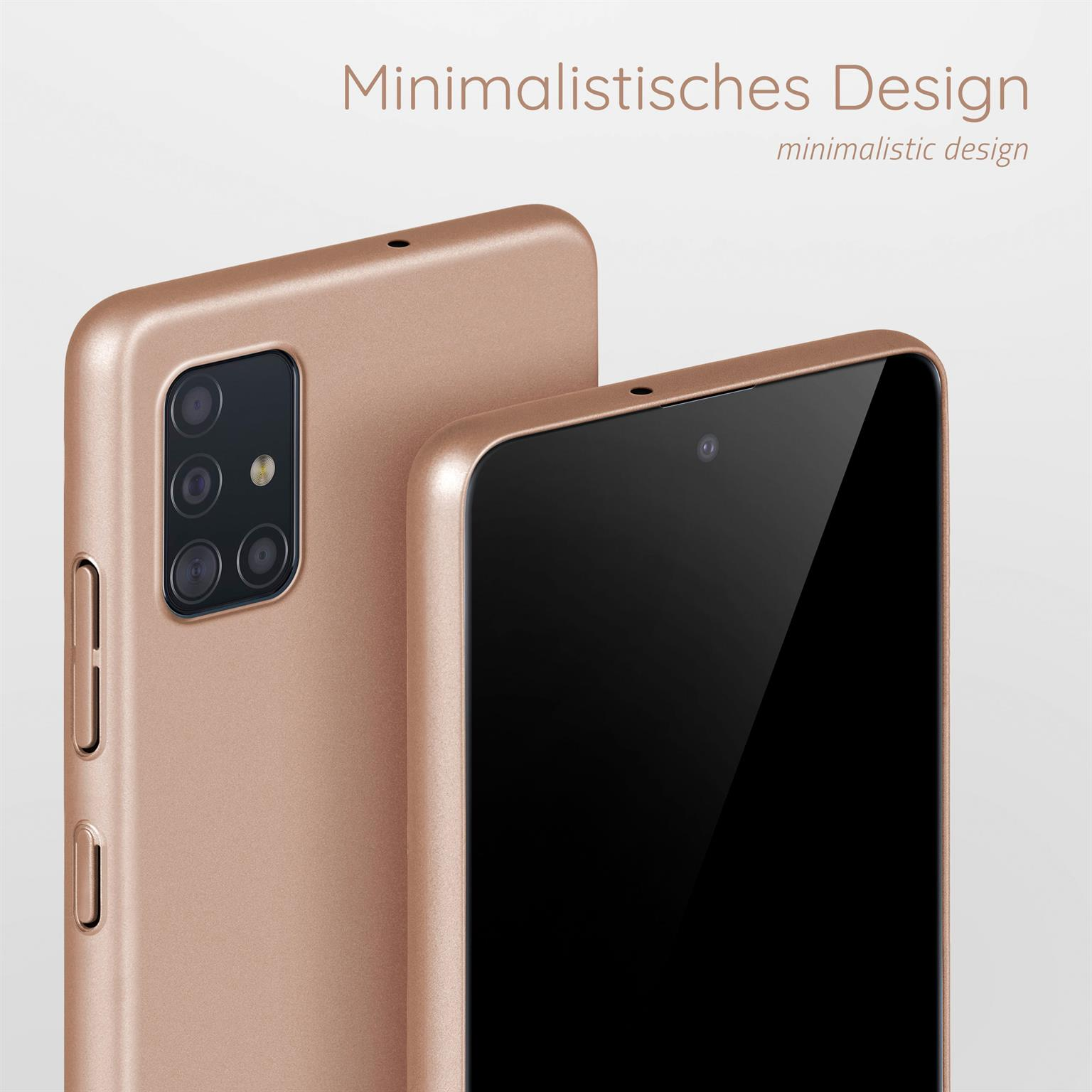 Zwei roségoldene Handyhüllen. Eine zeigt die Rückseite mit Kameralinsen, die andere die Vorderseite.