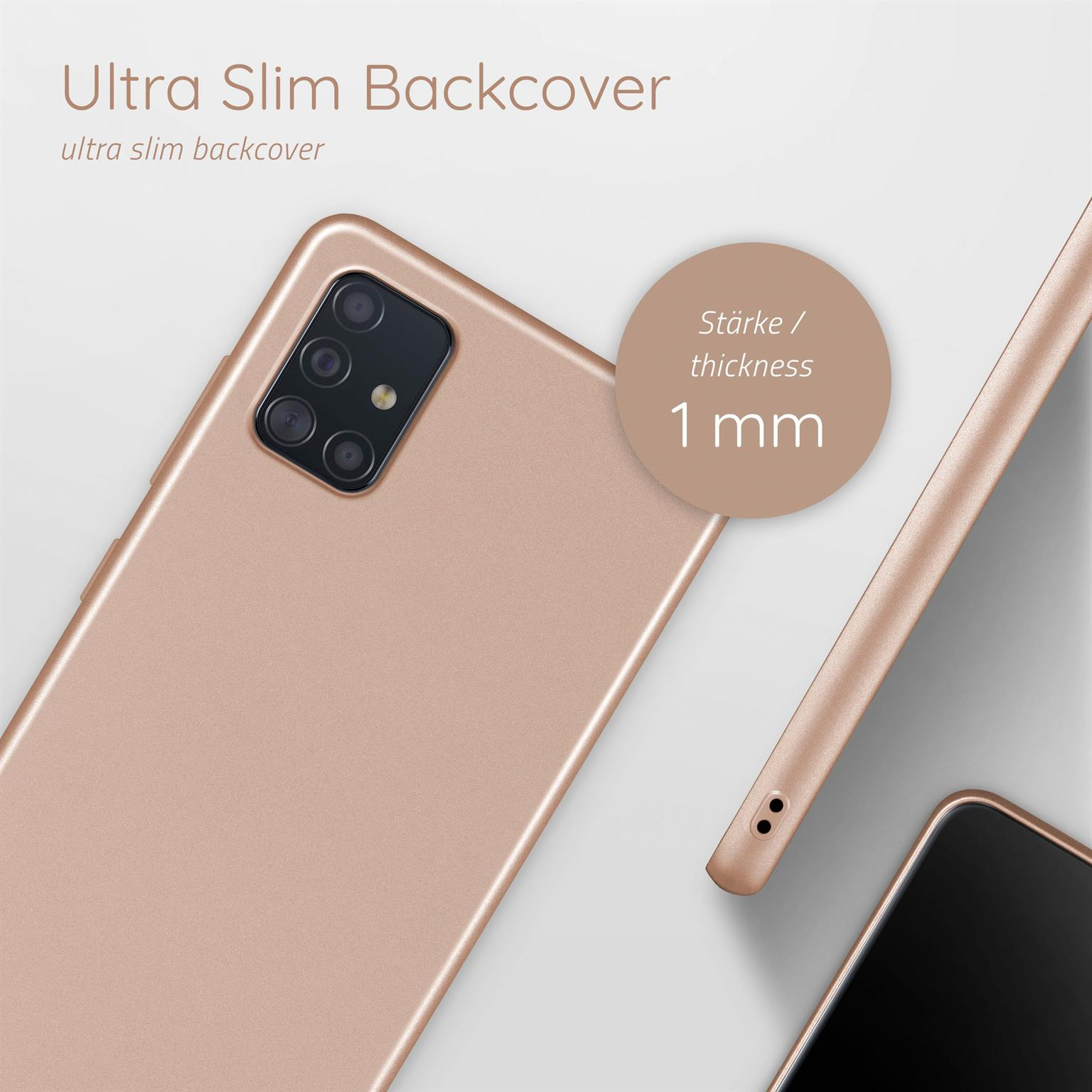 Roségoldene Handyhülle. Text: Ultra Slim Backcover, Dicke 1 mm. Weißer Hintergrund.