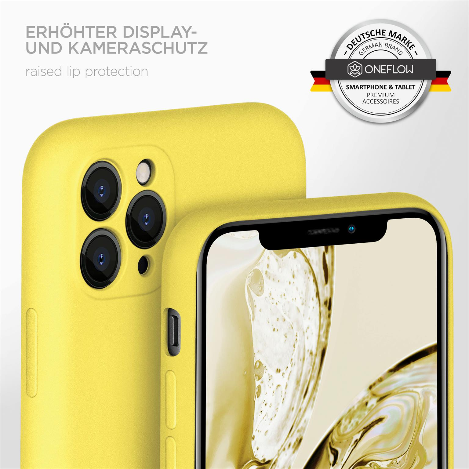 Gelbe Handyhülle mit Telefon, mit erhöhter Kante und Text auf Deutsch.