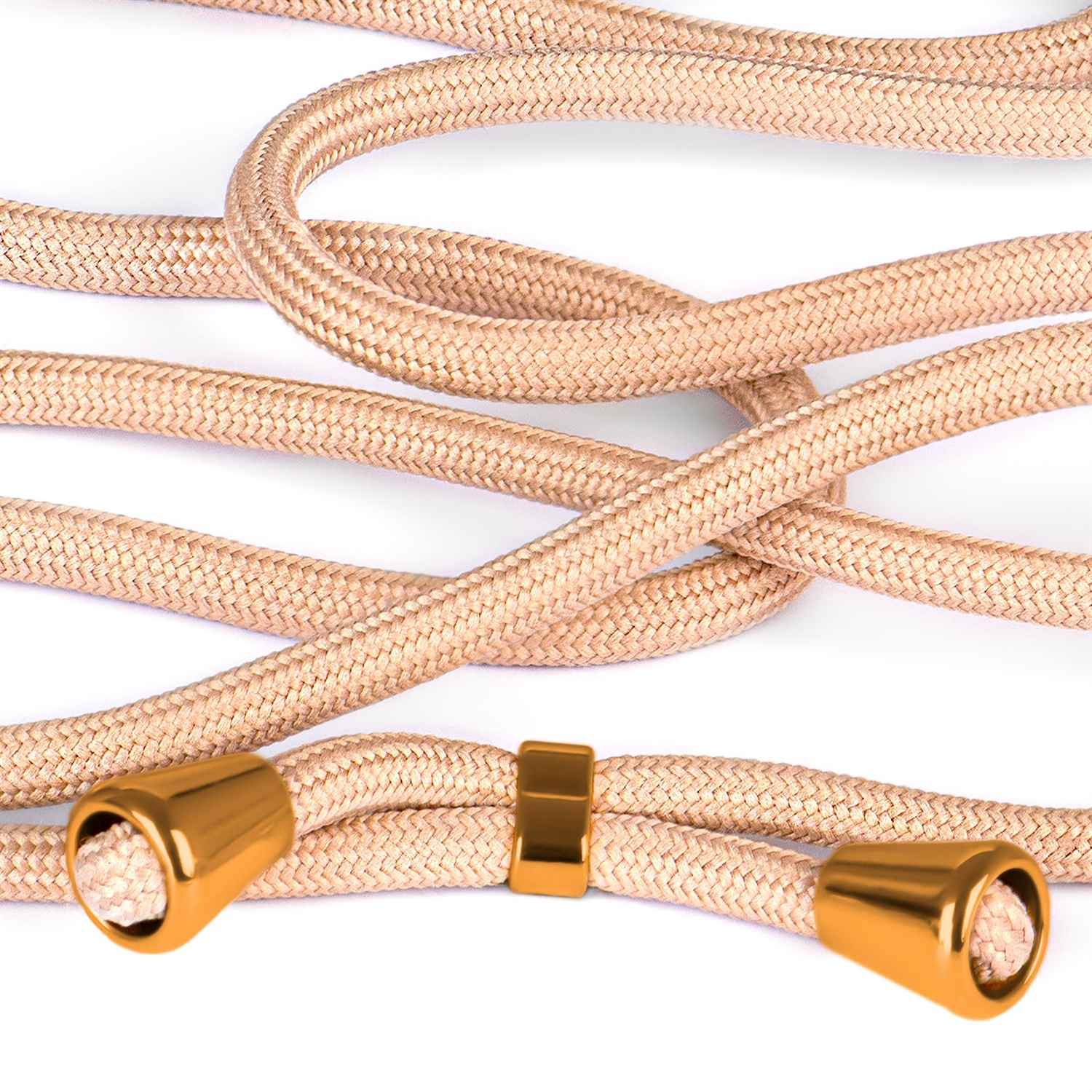 Nahaufnahme eines beigefarbenen Handy-Lanyards mit goldfarbenen Akzenten auf weißem Hintergrund.