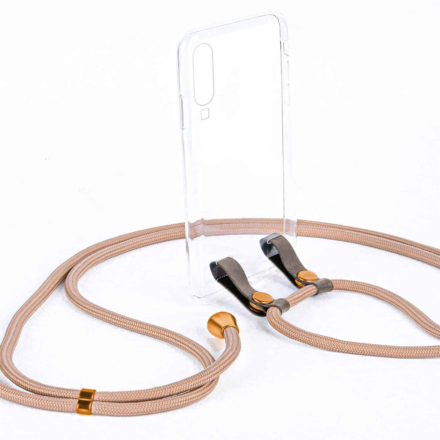 Handyhülle mit beigem Kabel und Aufsätzen. Transparente Hülle steht aufrecht. Weißer Hintergrund.