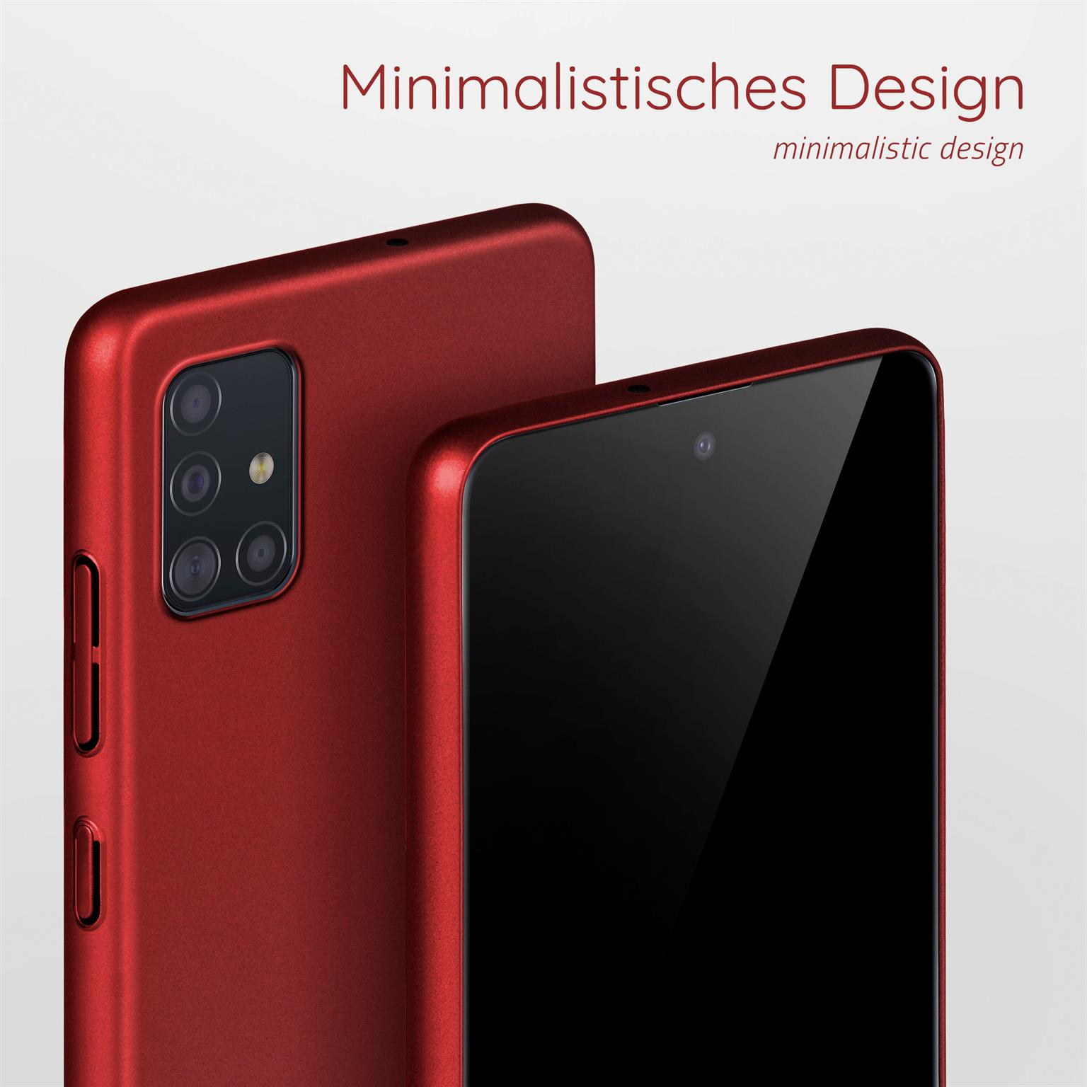 Rote Handyhülle auf weißem Hintergrund. Text: Minimalistisches Design.