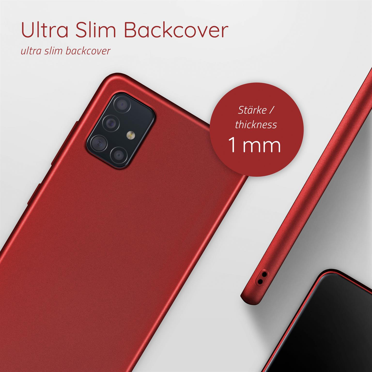 Rote Handyhülle mit Text: Ultra Slim Backcover, ultra slim backcover, 1 mm Dicke.