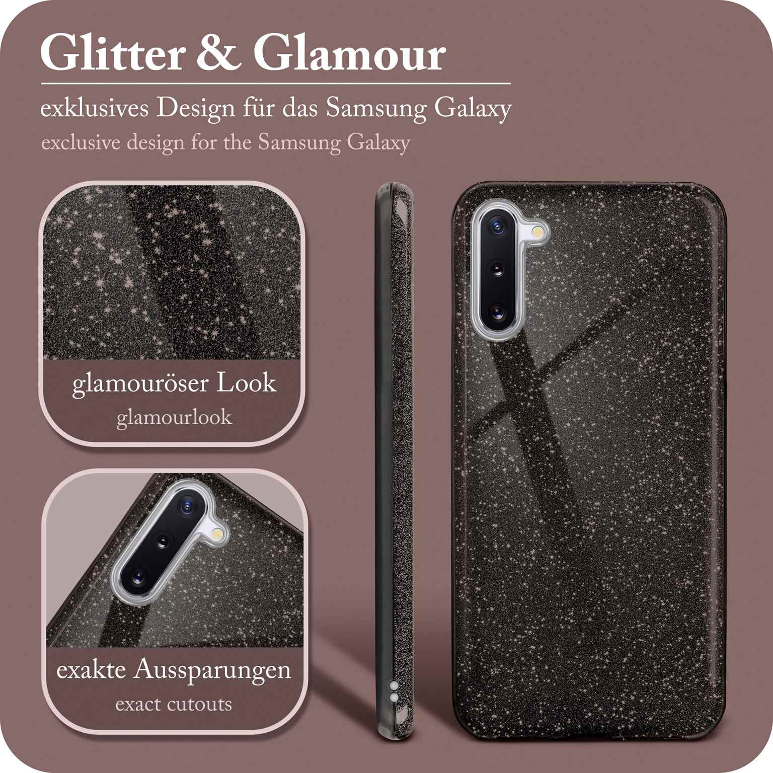Nahaufnahme einer Handyhülle mit Glitzer und Text. Es hat eine schwarze Rückseite und goldene Details.