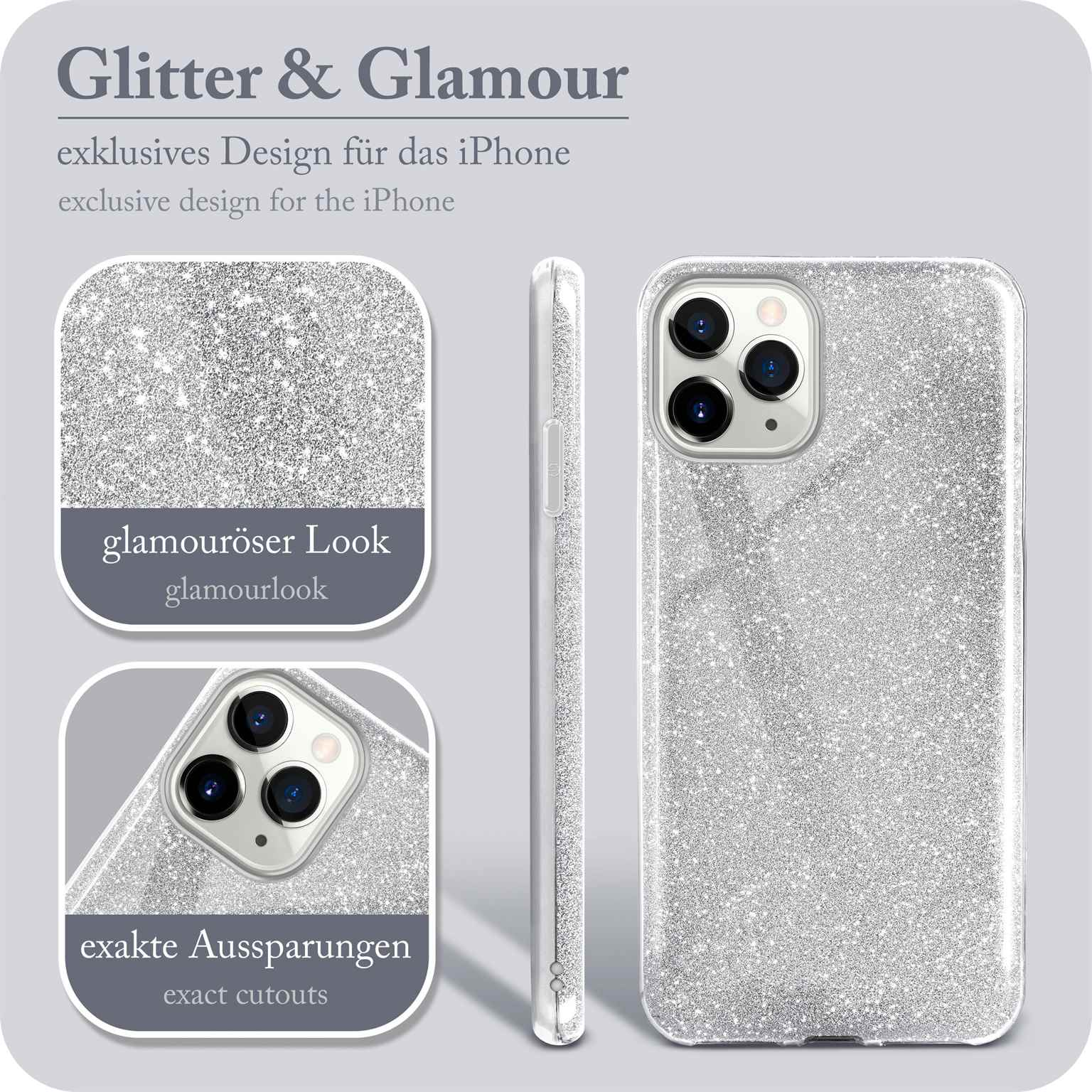 Silberne Glitzer-Handyhülle mit Text: Glitter & Glamour, Glamour Look, exakte Ausschnitte. Weißer Hintergrund.