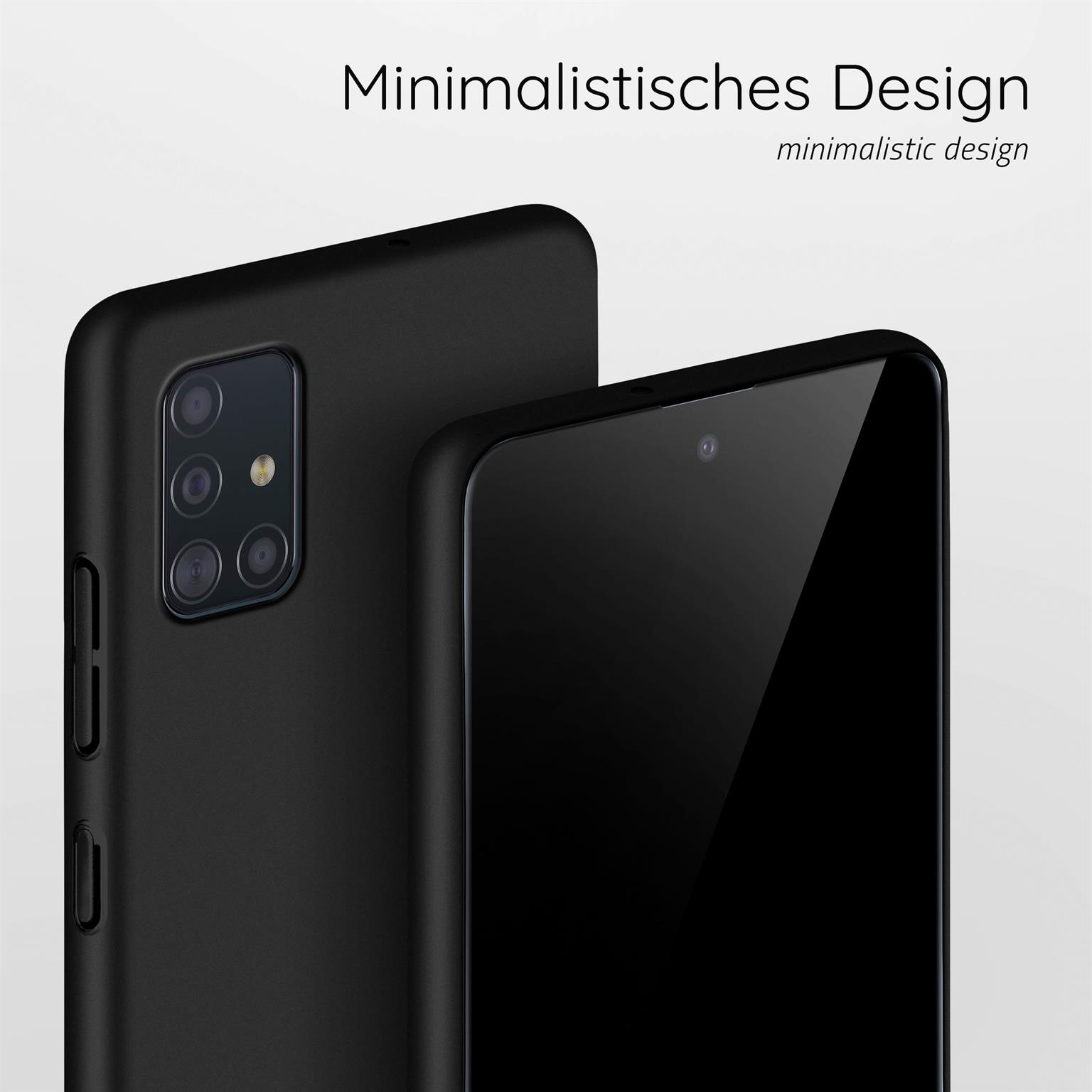 Zwei schwarze Telefone. Eines hat eine Dreifachkamera. Der Text oben lautet: Minimalistisches Design.