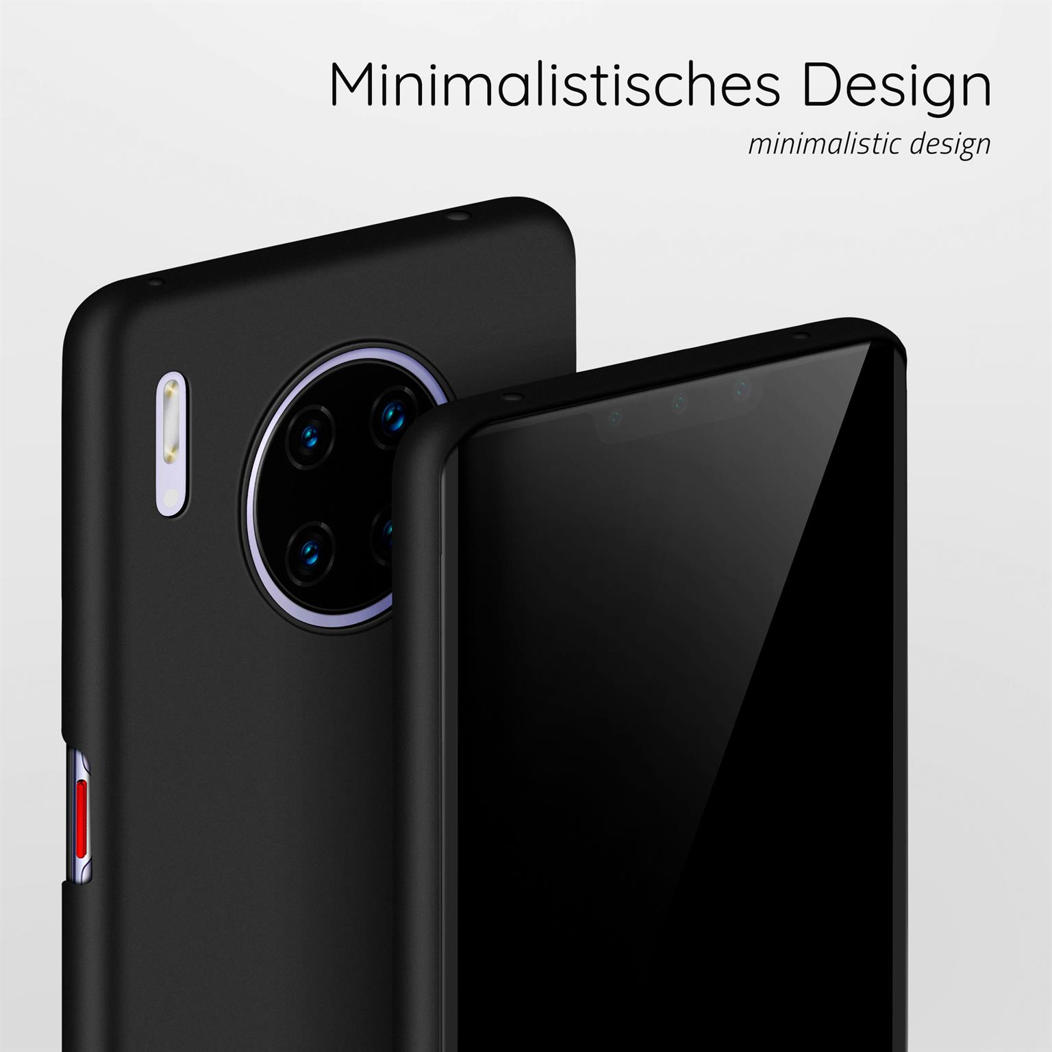 Zwei schwarze Telefone, eines mit Kamera, vor weichem weißen Hintergrund, modernes Design.