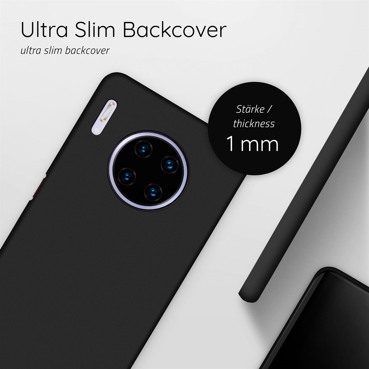 Schwarzes Telefon mit mattschwarzer Rückseite. Die Dicke beträgt 1 mm.