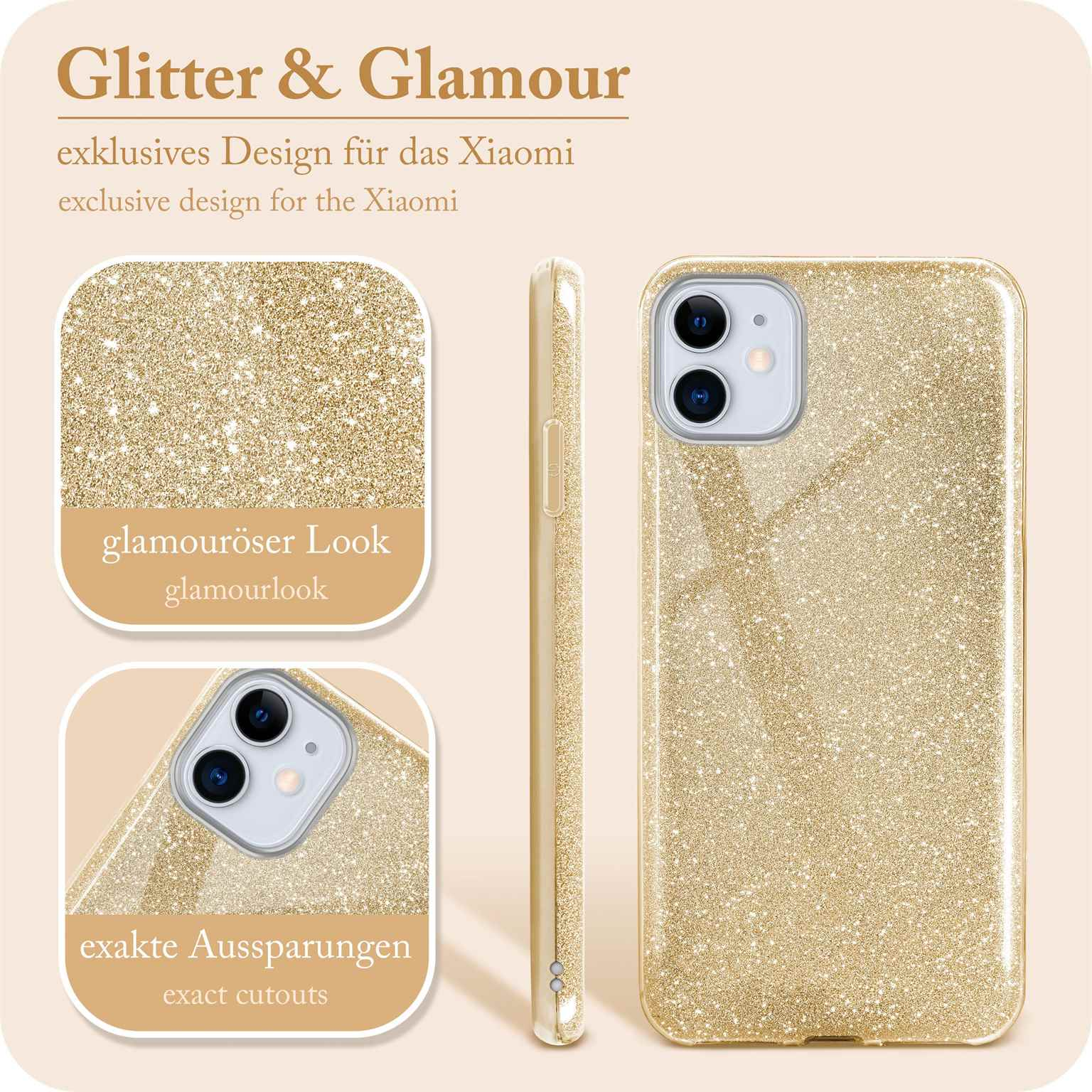Eine goldglitzernde Handyhülle. Der Text auf dem Bild lautet 'Glitter & Glamour' und 'exklusives Design für Xiaomi'.