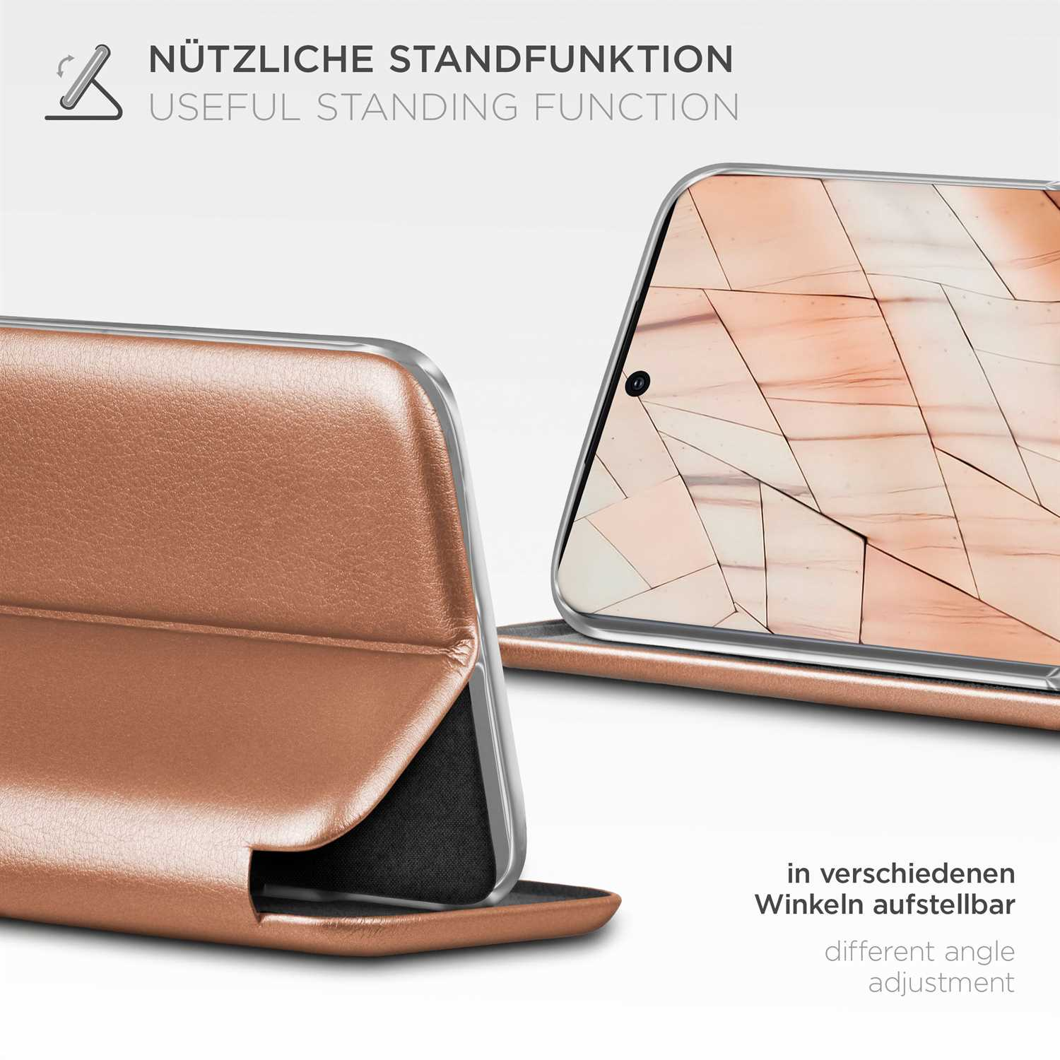 Handyhülle mit Ständer, in Braun. Die Hülle hat einen sichtbaren Bildschirm. Weißer Hintergrund.