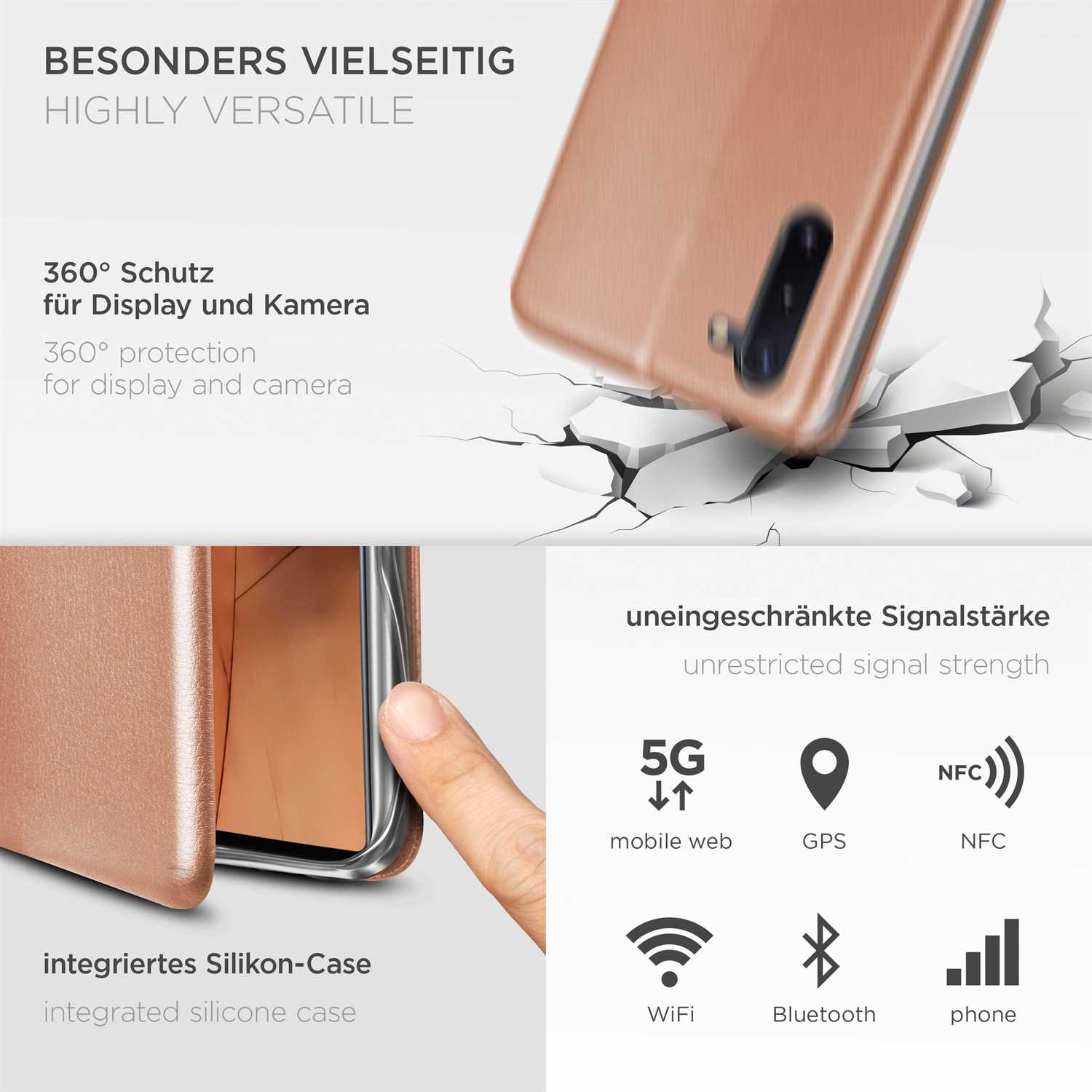 Handyhülle in Roségold. Merkmale sind 360°-Schutz, 5G, GPS und NFC.