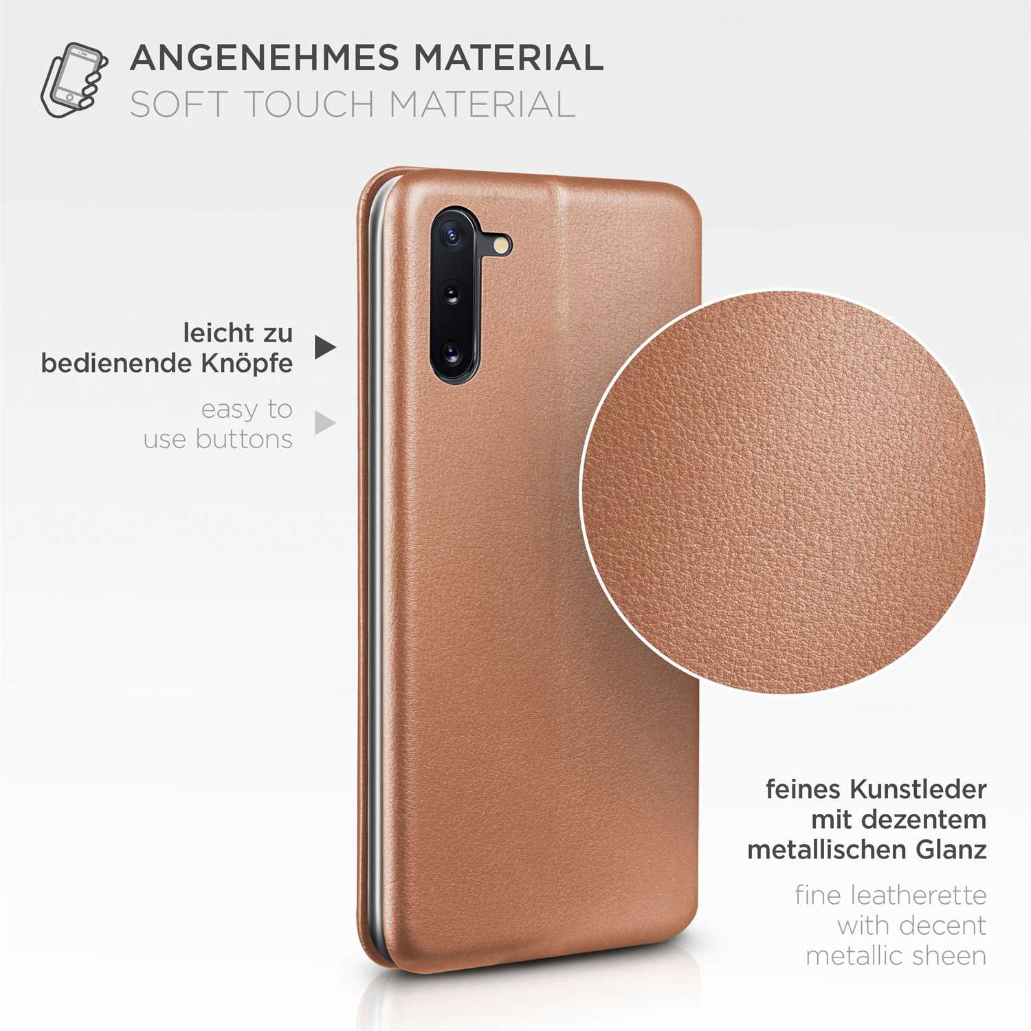 Braune Handyhülle mit metallischem Glanz. Details: leicht bedienbare Knöpfe und Soft-Touch-Material.