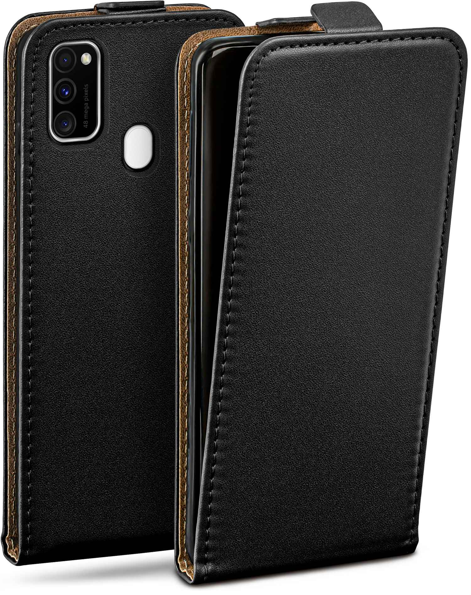 Schwarze Handyhülle mit geöffneter Abdeckung, die das Telefon im Inneren zeigt.