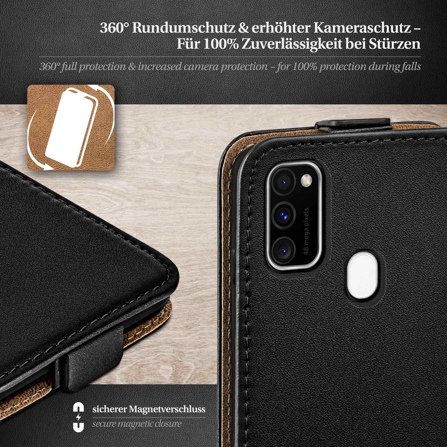 Schwarze Handyhülle mit Ledertextur. Merkmale: 360° Schutz und sicherer Magnetverschluss.