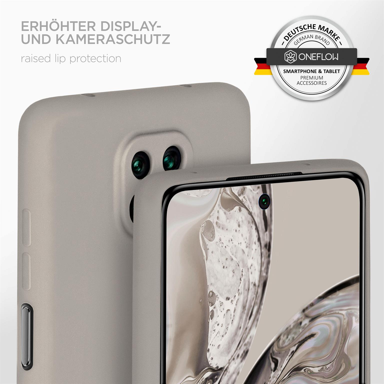 Eine Smartphone-Hülle mit erhöhtem Rand. Die Hülle ist hellgrau und das Telefon hat Dual-Kameras.