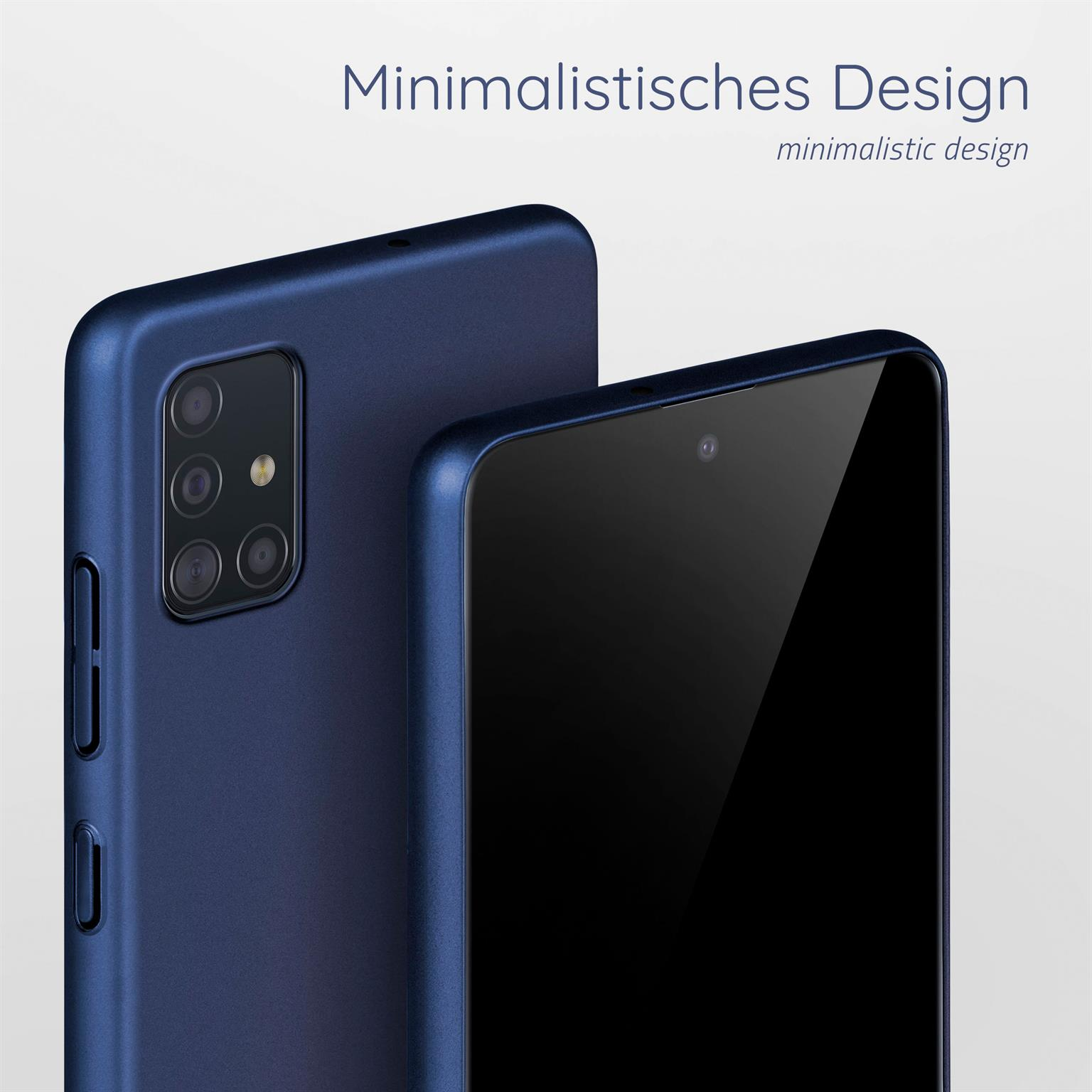 Zwei Handys mit marineblauen Hüllen. Text weist darauf hin, dass das Design minimalistisch ist.