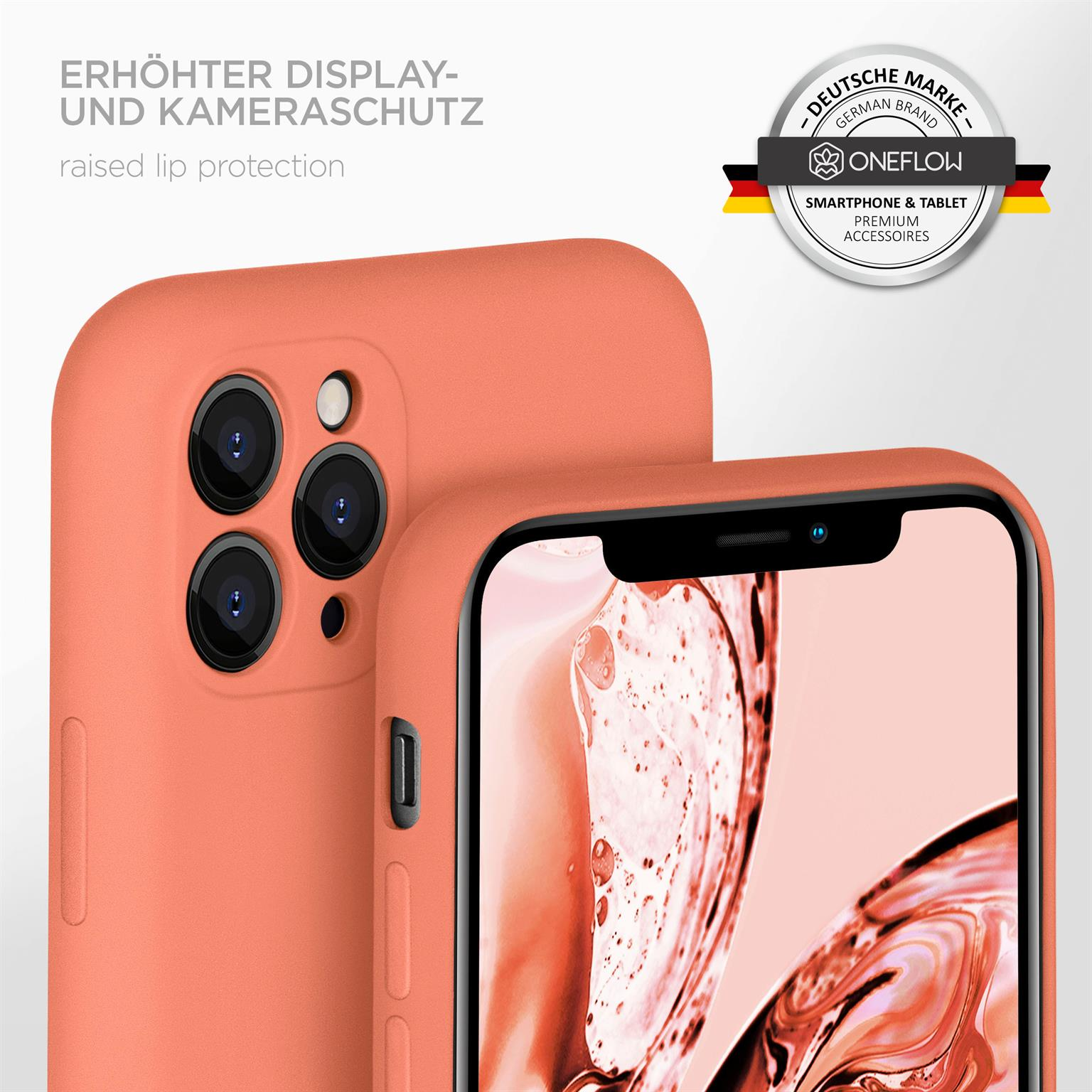 Orangene Handyhülle mit Kamera und sichtbarem Bildschirm. Text sagt 'erhöhter Displayschutz' und 'Premium-Zubehör'.