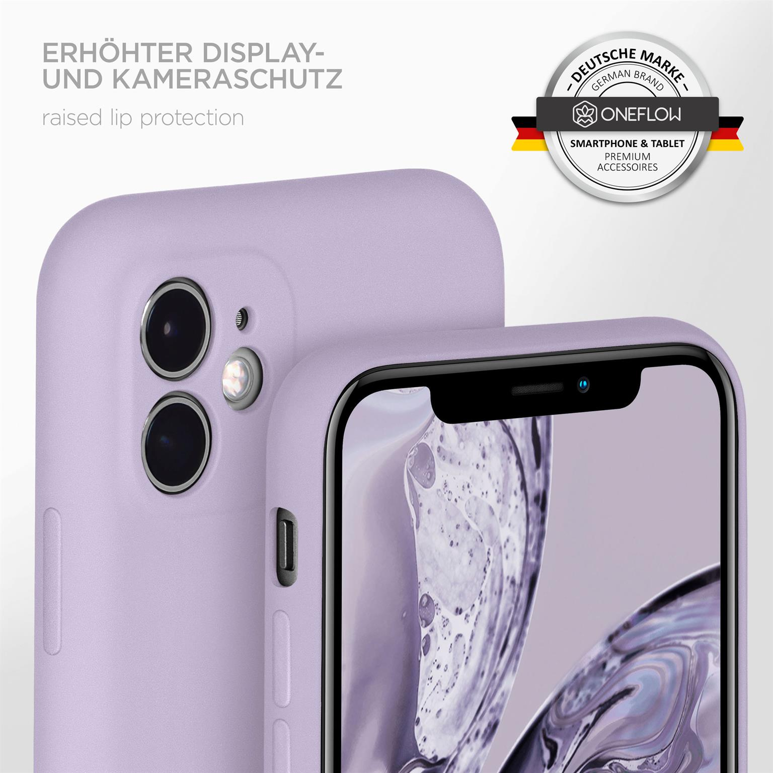 Lila Handyhülle mit erhöhtem Display- und Kameraschutz, Logo und Text auf Deutsch.