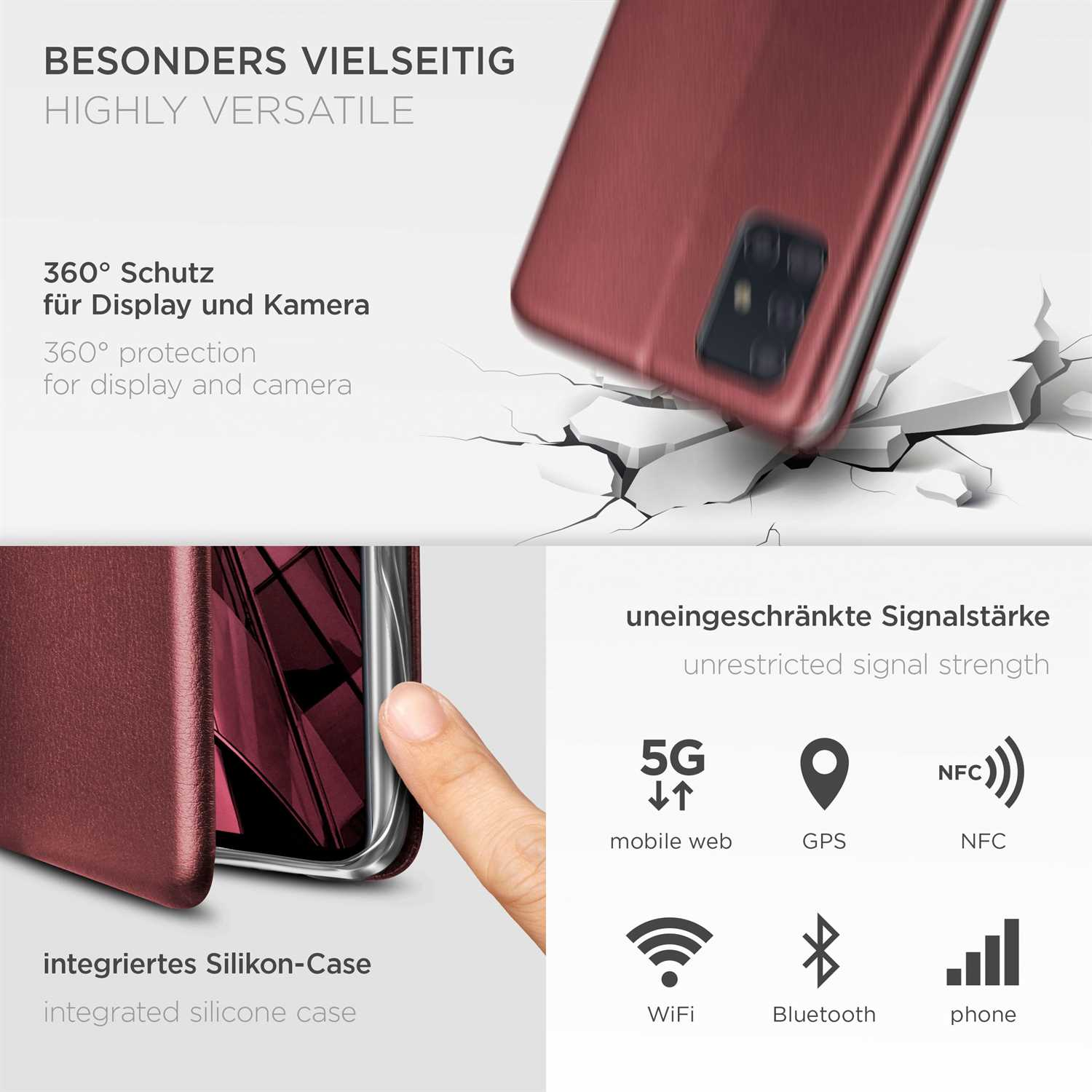 Telefonhülle und Telefon, Werbung für Funktionen. Gerissener Hintergrund und Text.