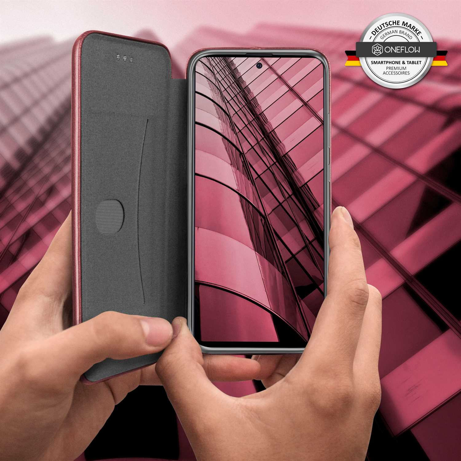 Geöffnete Handyhülle. Zeigt das Telefon. Rote und schwarze Farben.