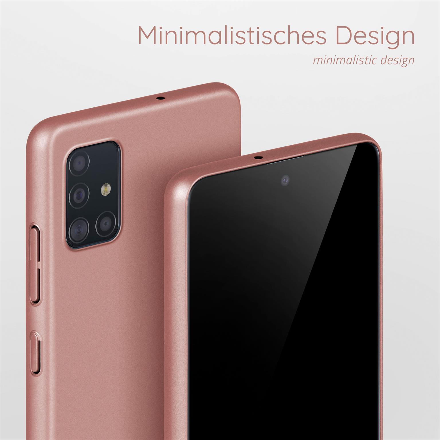 Zwei rosafarbene Handyhüllen, mit dem Text: Minimalistisches Design. Heller Hintergrund.