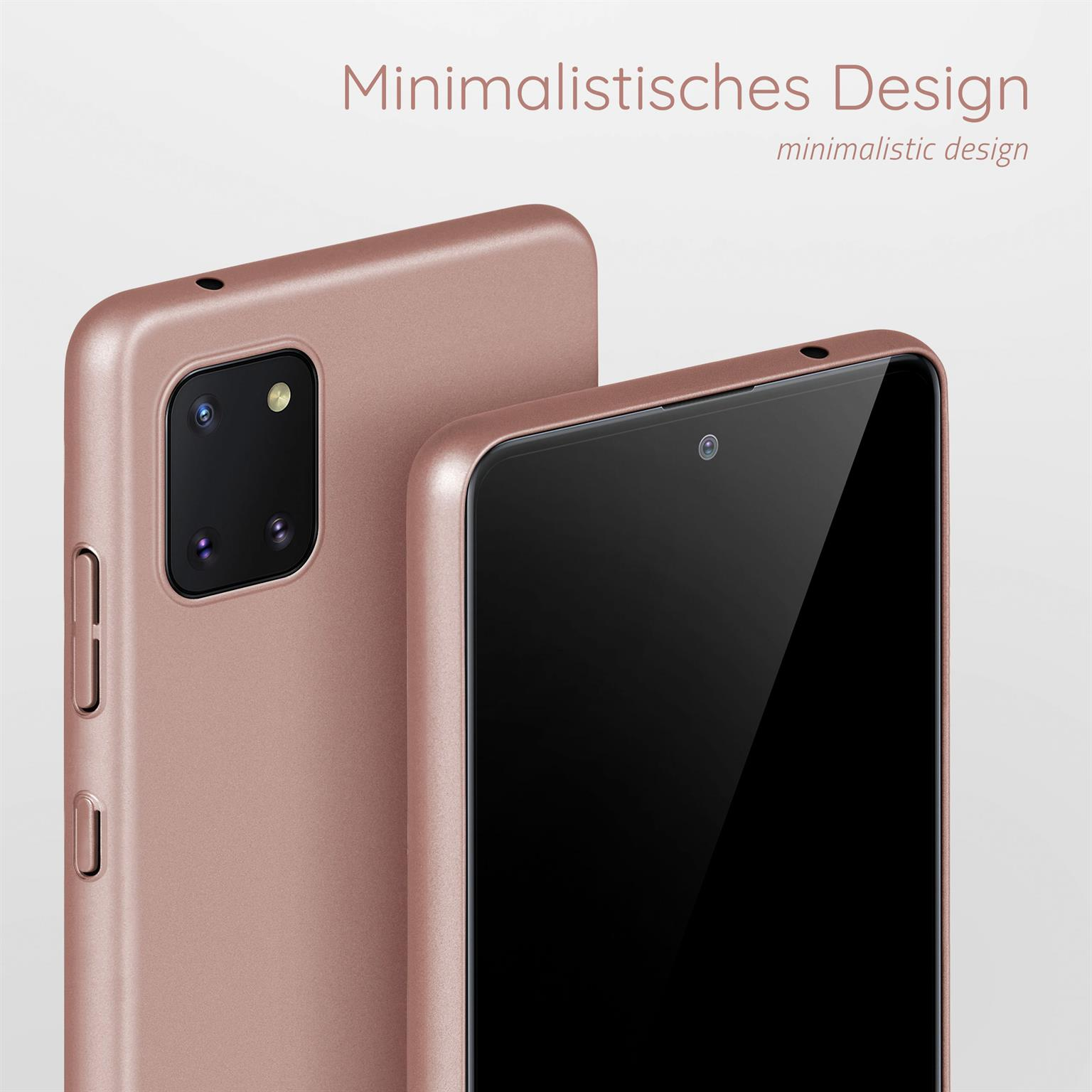 Zwei Handyhüllen, roségoldfarben. Text: Minimalistisches Design.