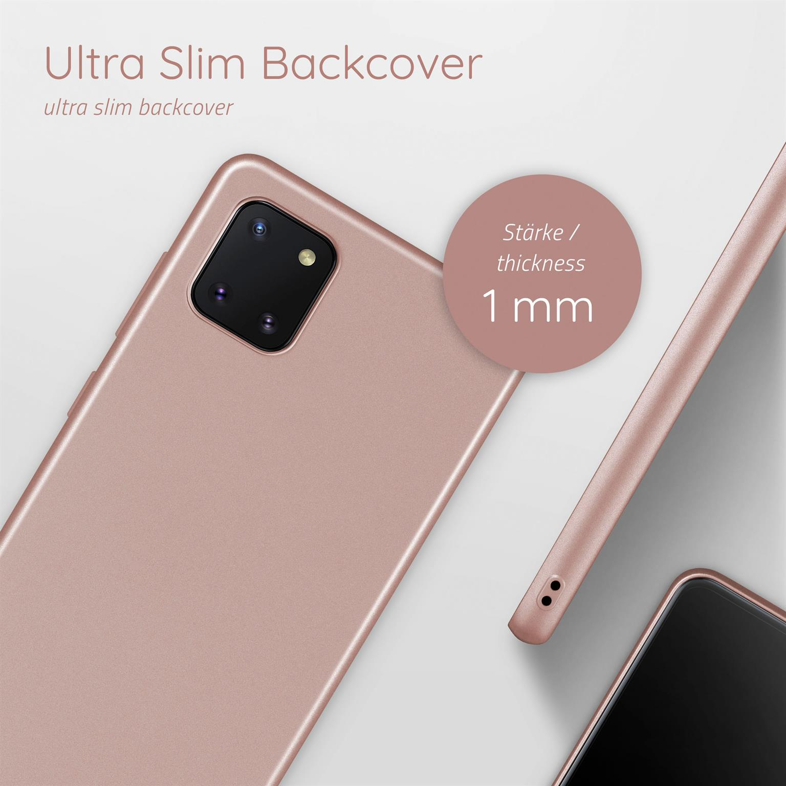 Rosafarbene Handyhülle. Text lautet: Ultra Slim Backcover, 1 mm Dicke. Heller Hintergrund.