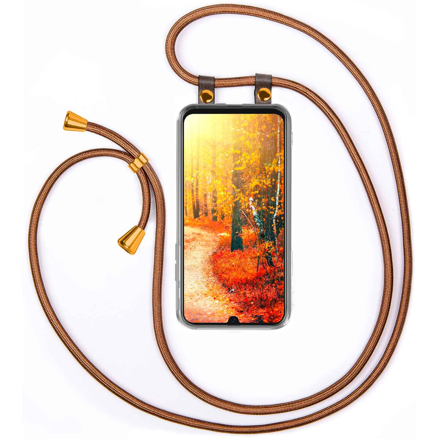 Telefon mit Waldszene. Braunes Seil, goldfarbene Akzente. Weißer Hintergrund.