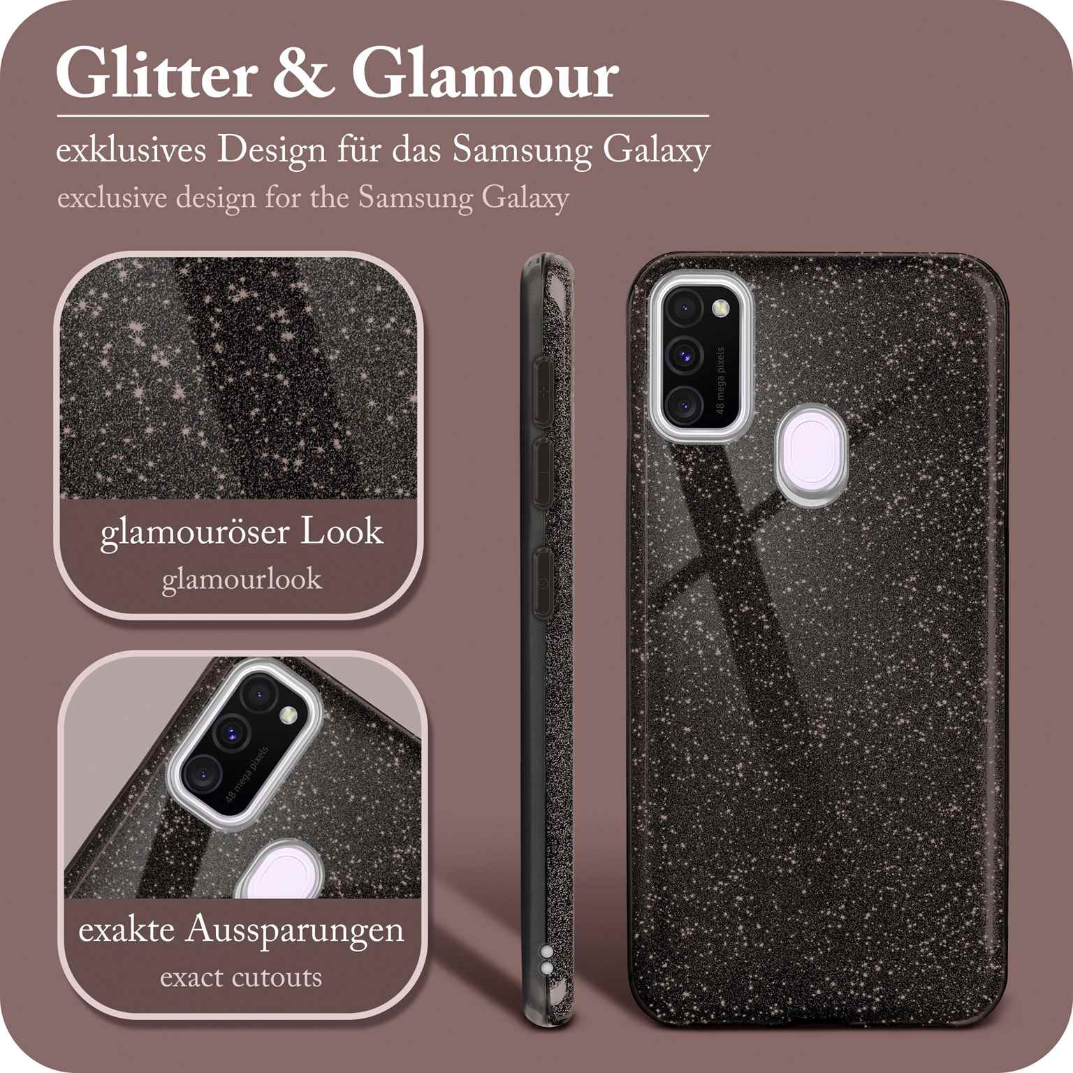 Handyhülle mit Glitzer- und Glamour-Design mit Details der Hülle, Ausschnitten und Look.