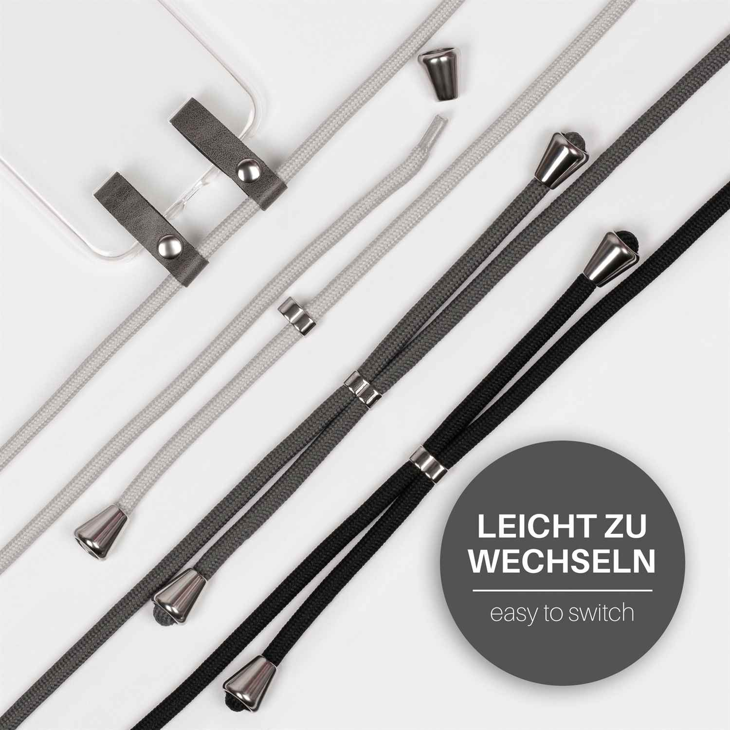 Verschiedene farbige Handy-Bänder. Text sagt: leicht zu wechseln.