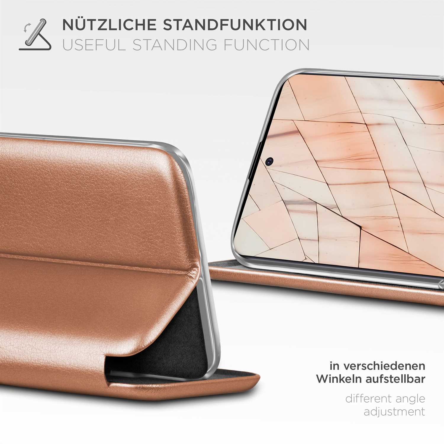 Handyhülle mit Standfunktion, verschiedene Winkel, braune Farbe.