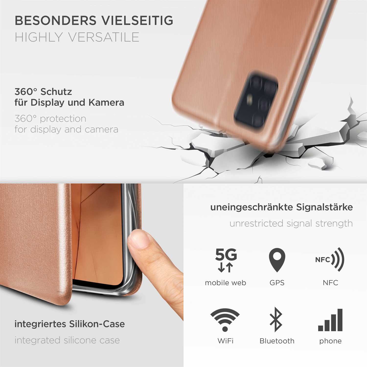 Eine Handyhülle auf strukturierter Oberfläche, mit Text auf Deutsch. Bilder zeigen 5G, GPS, NFC, Wifi, Bluetooth- und Telefonsymbole.