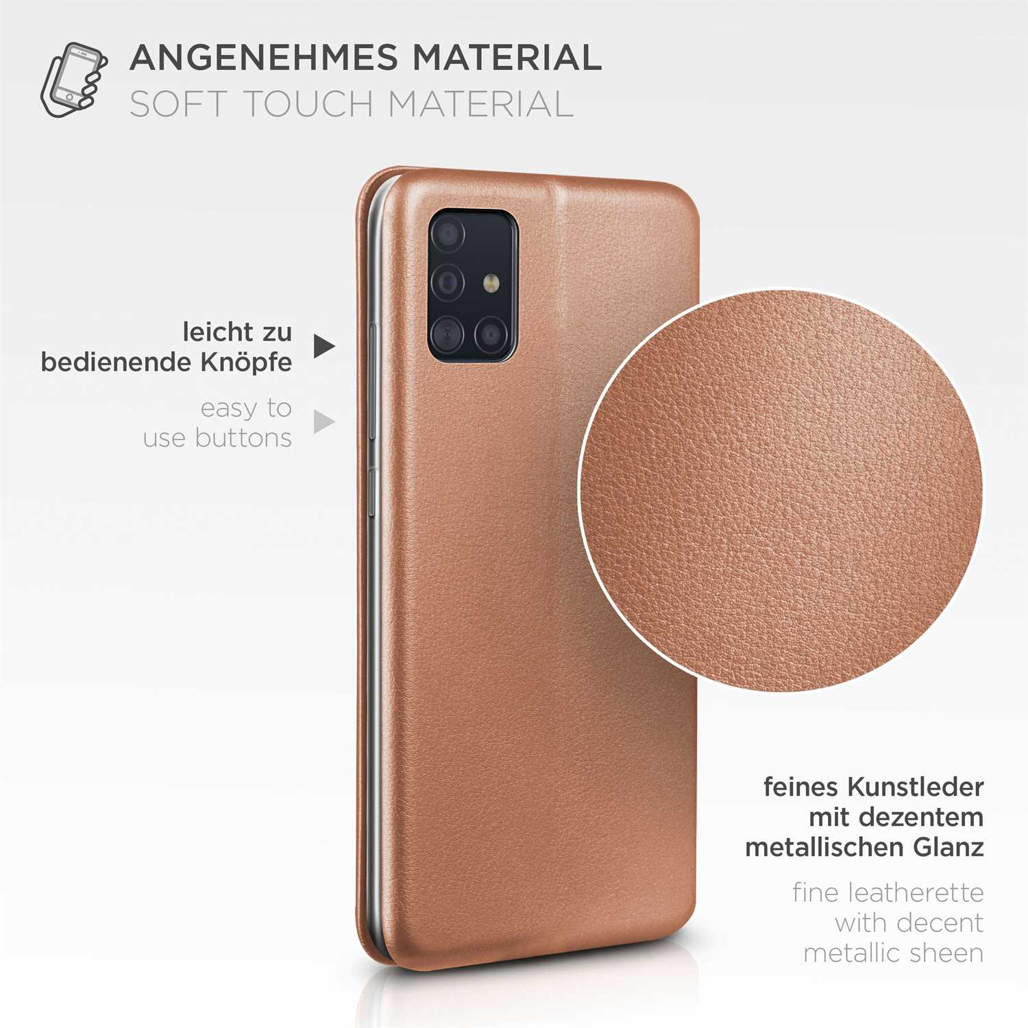 Braune Handyhülle mit metallischem Glanz, leicht bedienbaren Knöpfen und Soft-Touch-Material.
